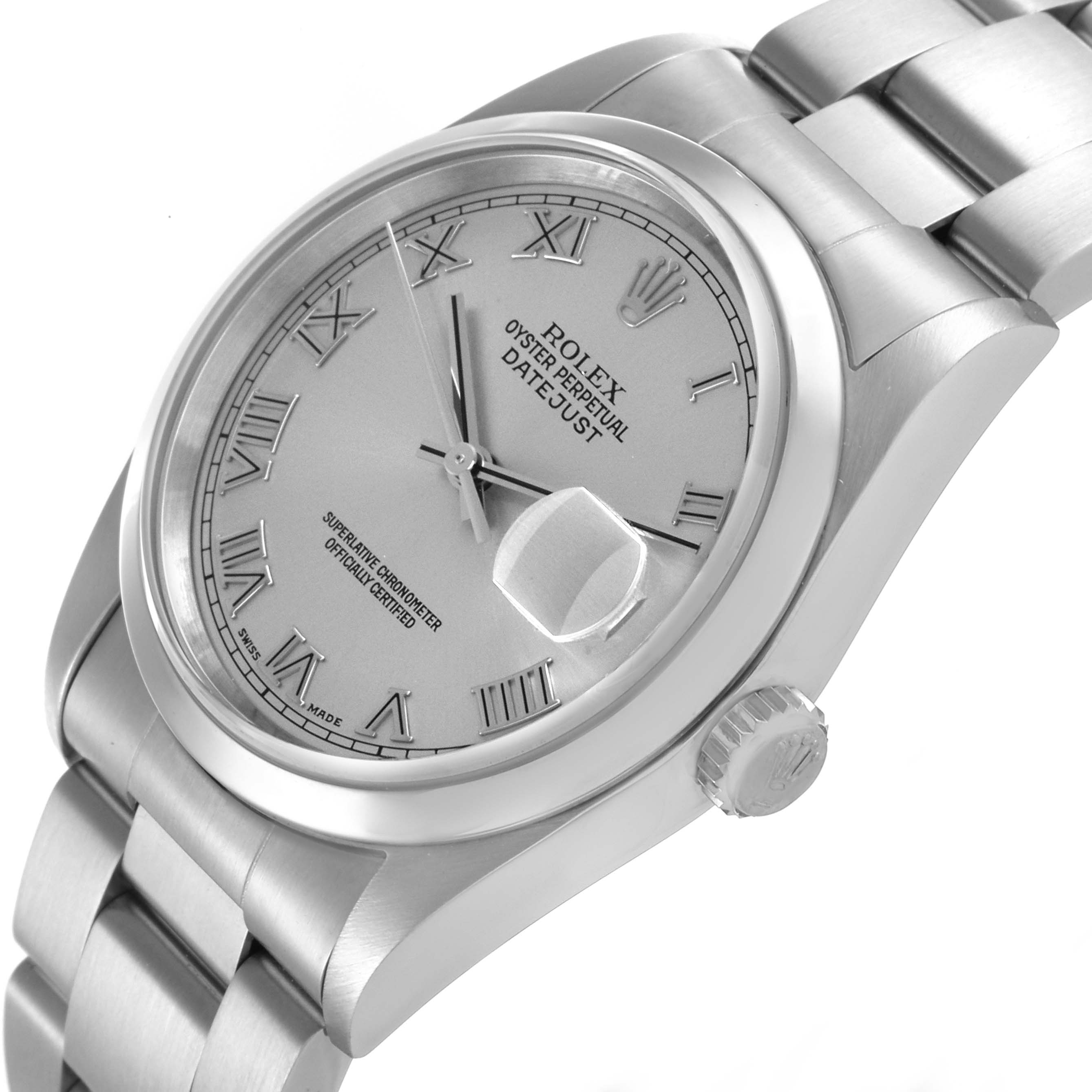 The Rolex Datejust 16200 Men's Stainless Steel Silver Dial 16200 Men's Stainless Steel Silver Dial watch is shown from an angled side view, featuring the dial, crown, and part of the bracelet.