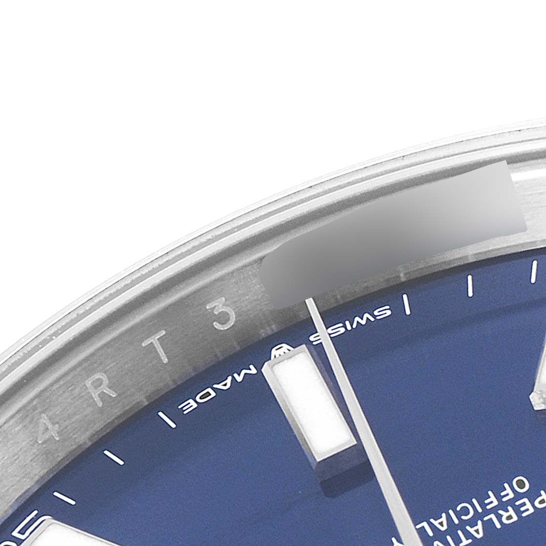 This is a close-up of the Rolex Datejust 41 126300 Men
s Stainless Steel Blue Dial 126300 Men
s Stainless Steel Blue Dial watch, showing the blue dial, hour markers, minute hand, and part of the bezel.