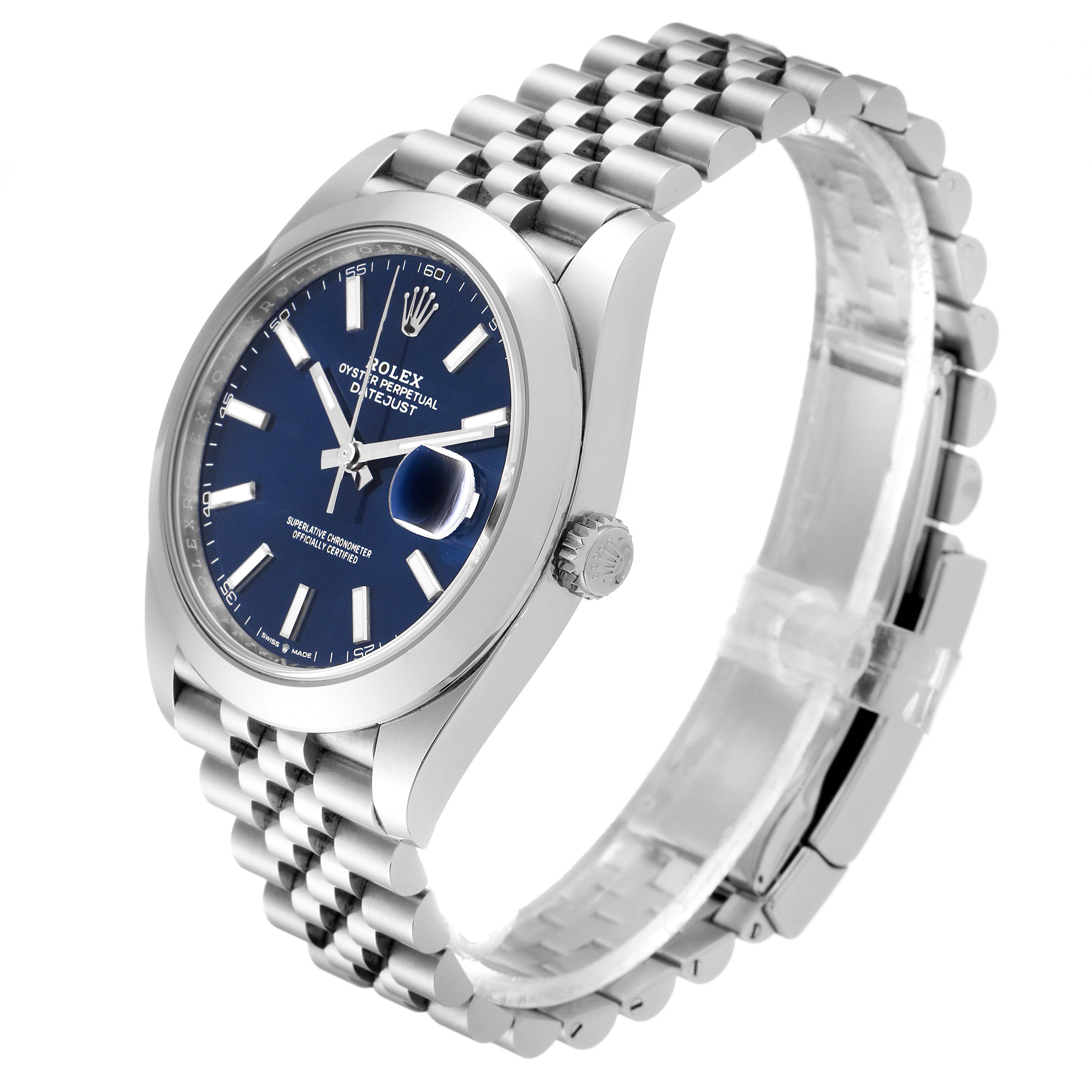 The image shows a Rolex Datejust 41 126300 Men
s Stainless Steel Blue Dial 126300 Men
s Stainless Steel Blue Dial with a jubilee bracelet and blue dial, angled to display the face and side crown.