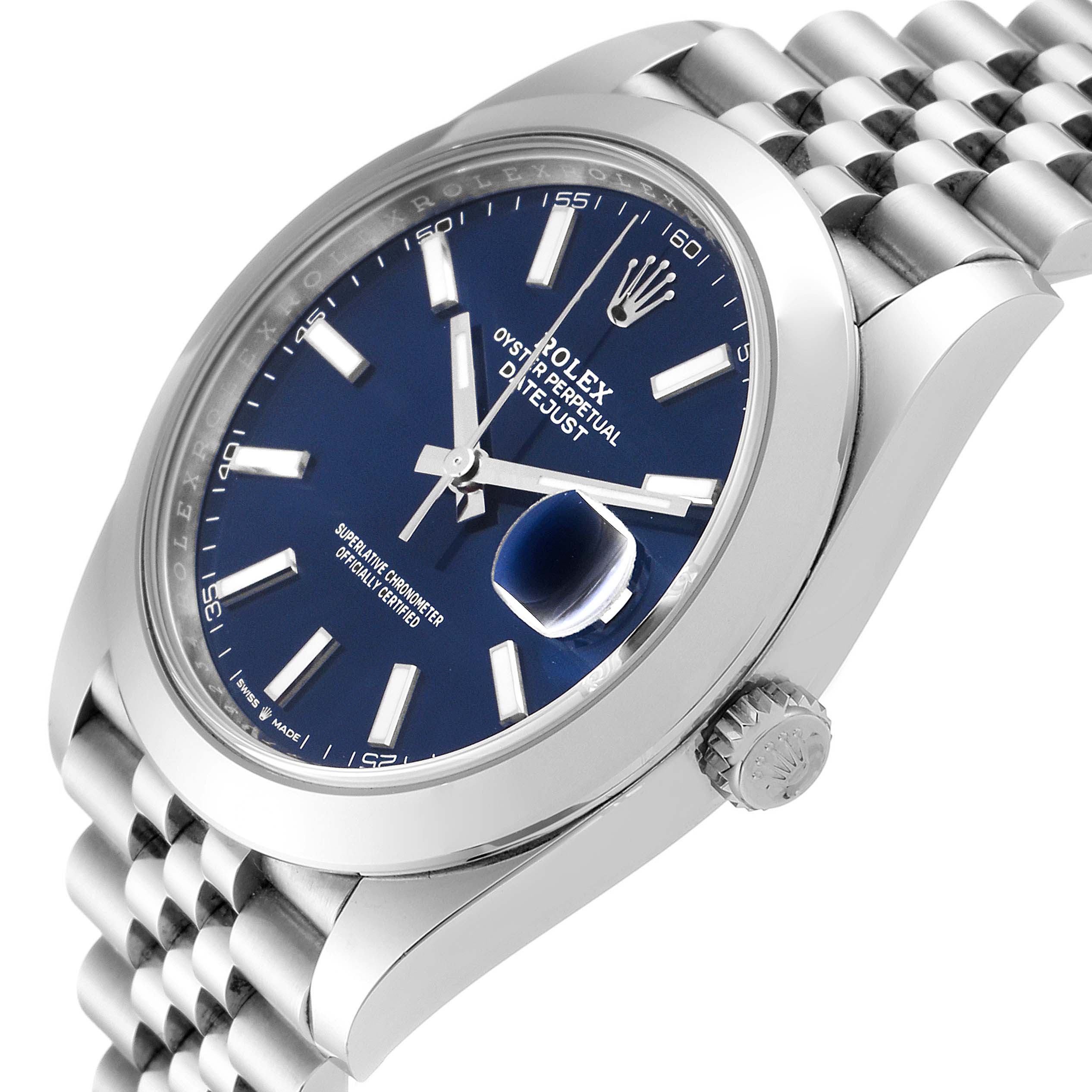 The image shows a close-up side view of the Rolex Datejust 41 126300 Men
s Stainless Steel Blue Dial 126300 Men
s Stainless Steel Blue Dial watch, highlighting the dial, case, crown, and part of the bracelet.