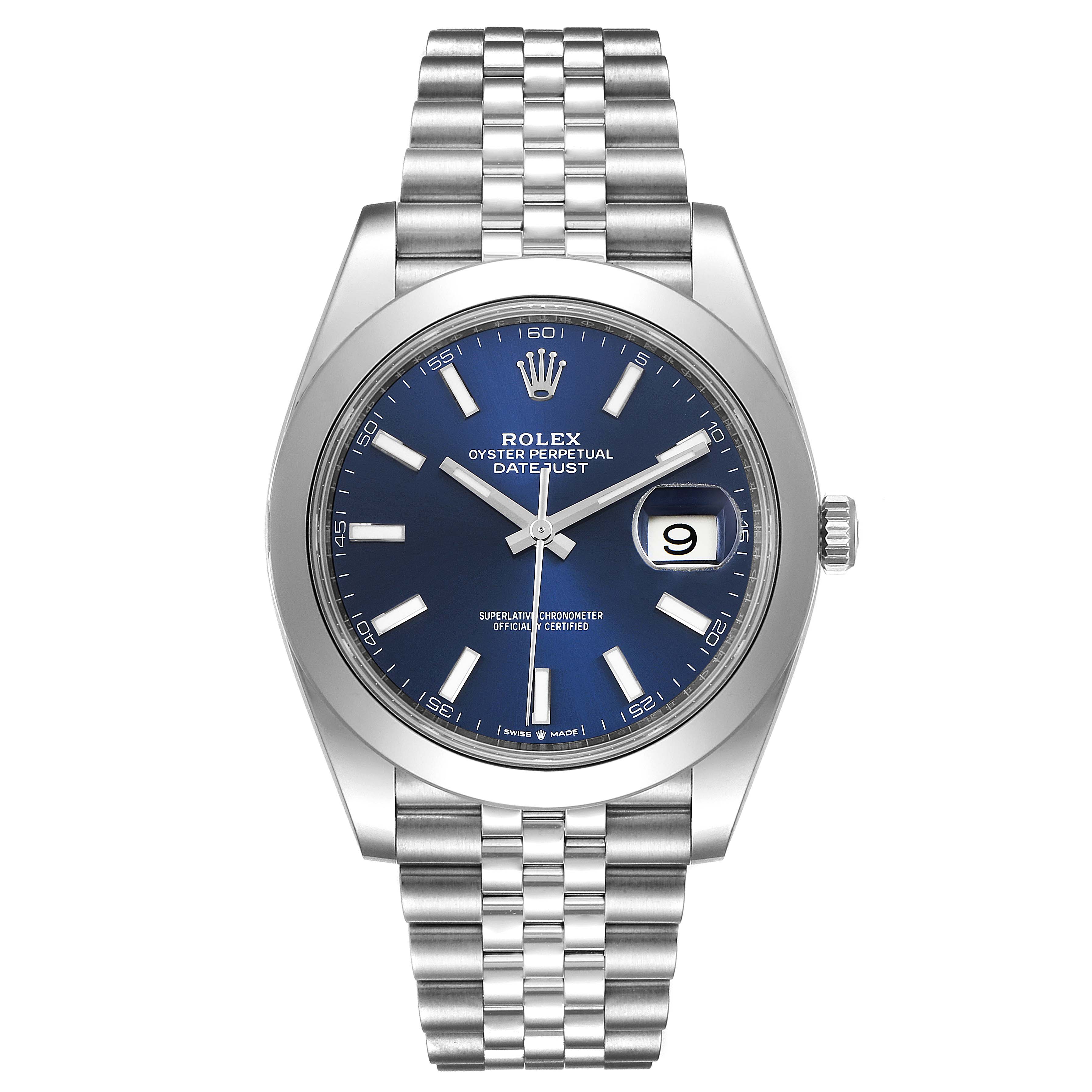 This is a front view of the Rolex Datejust 41 126300 Men
s Stainless Steel Blue Dial 126300 Men
s Stainless Steel Blue Dial watch, showcasing its blue dial, date window, and Jubilee bracelet.