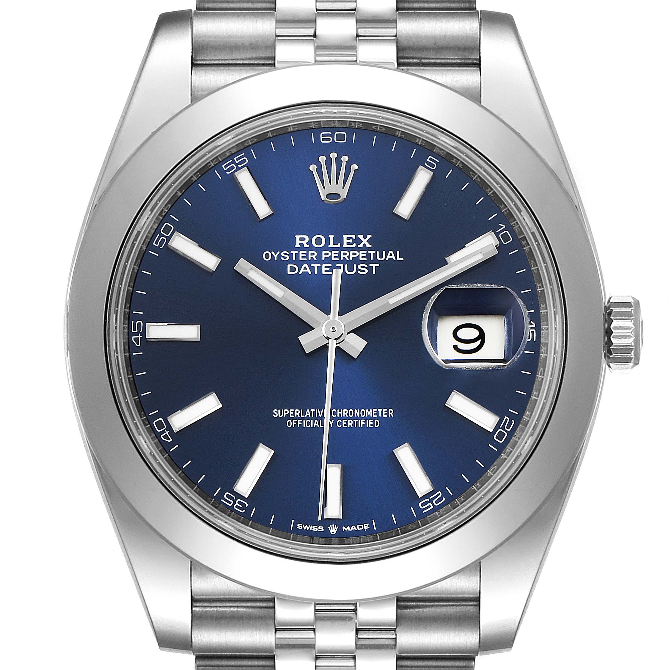 The image shows a frontal view of the Rolex Datejust 41 126300 Men
s Stainless Steel Blue Dial 126300 Men
s Stainless Steel Blue Dial watch, featuring its dial, bezel, and part of the band.