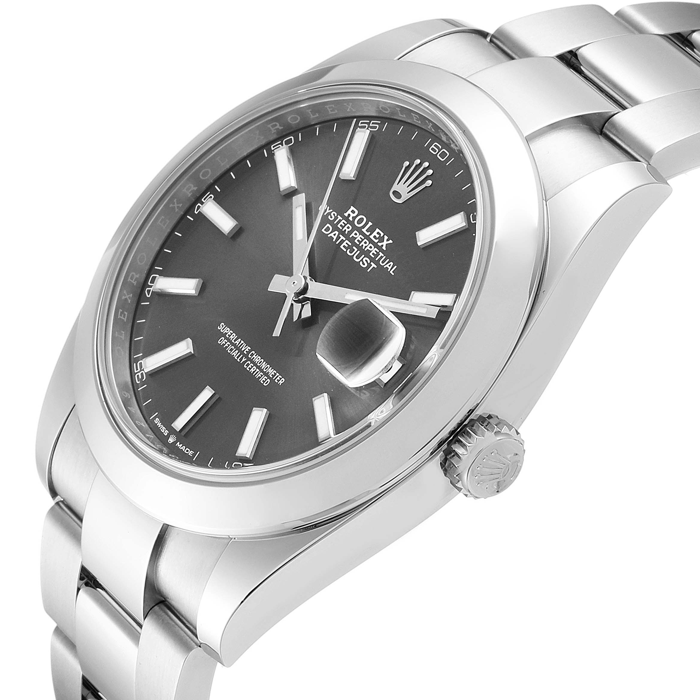 This image shows a Rolex Datejust 41 126300 Men's Stainless Steel Grey Dial 126300 Men's Stainless Steel Grey Dial model watch at an angled close-up, displaying the dial, bezel, bracelet, and crown.