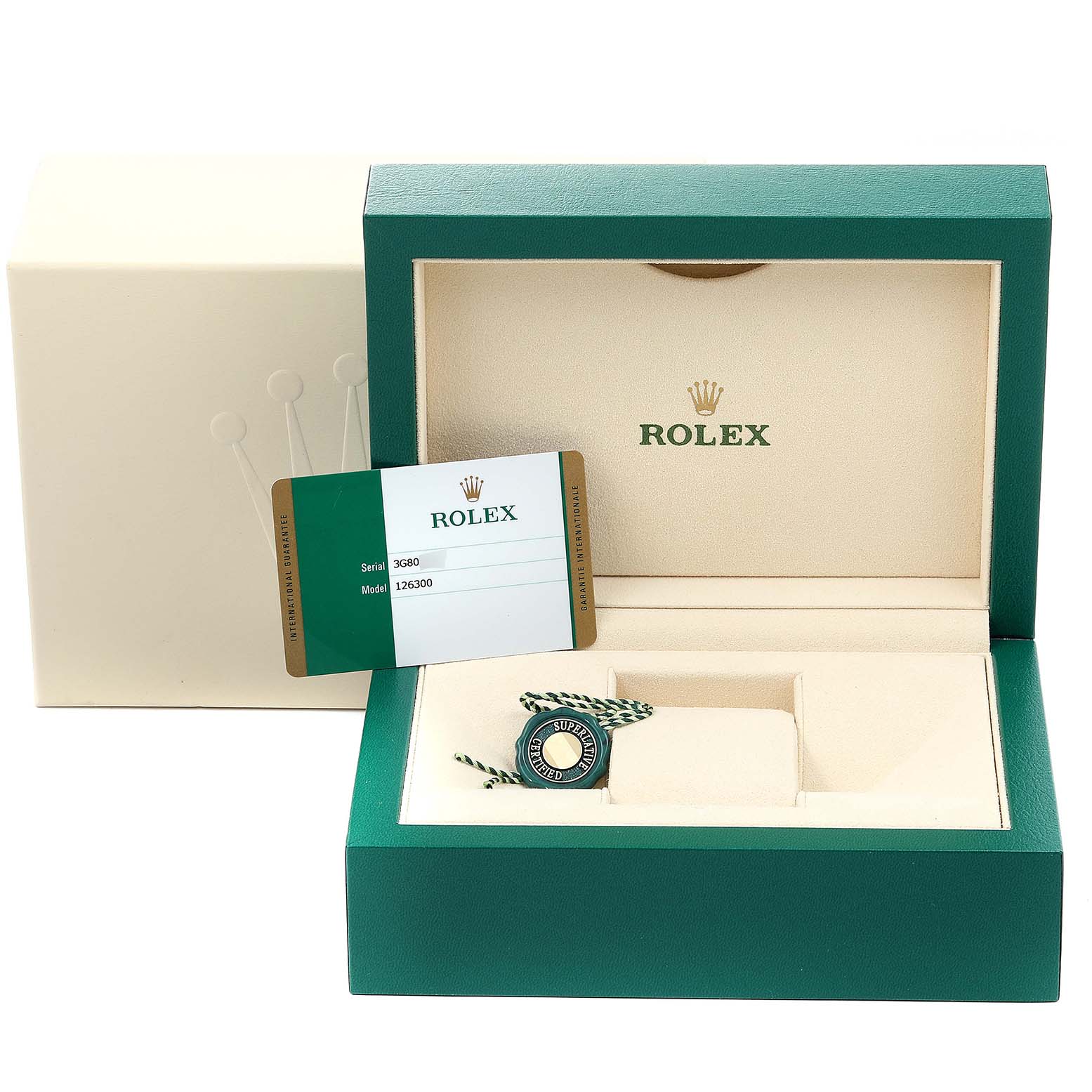 This image shows the packaging box, warranty card, and accessories for a Rolex Datejust 41 126300 Men's Stainless Steel Grey Dial 126300 Men's Stainless Steel Grey Dial model.