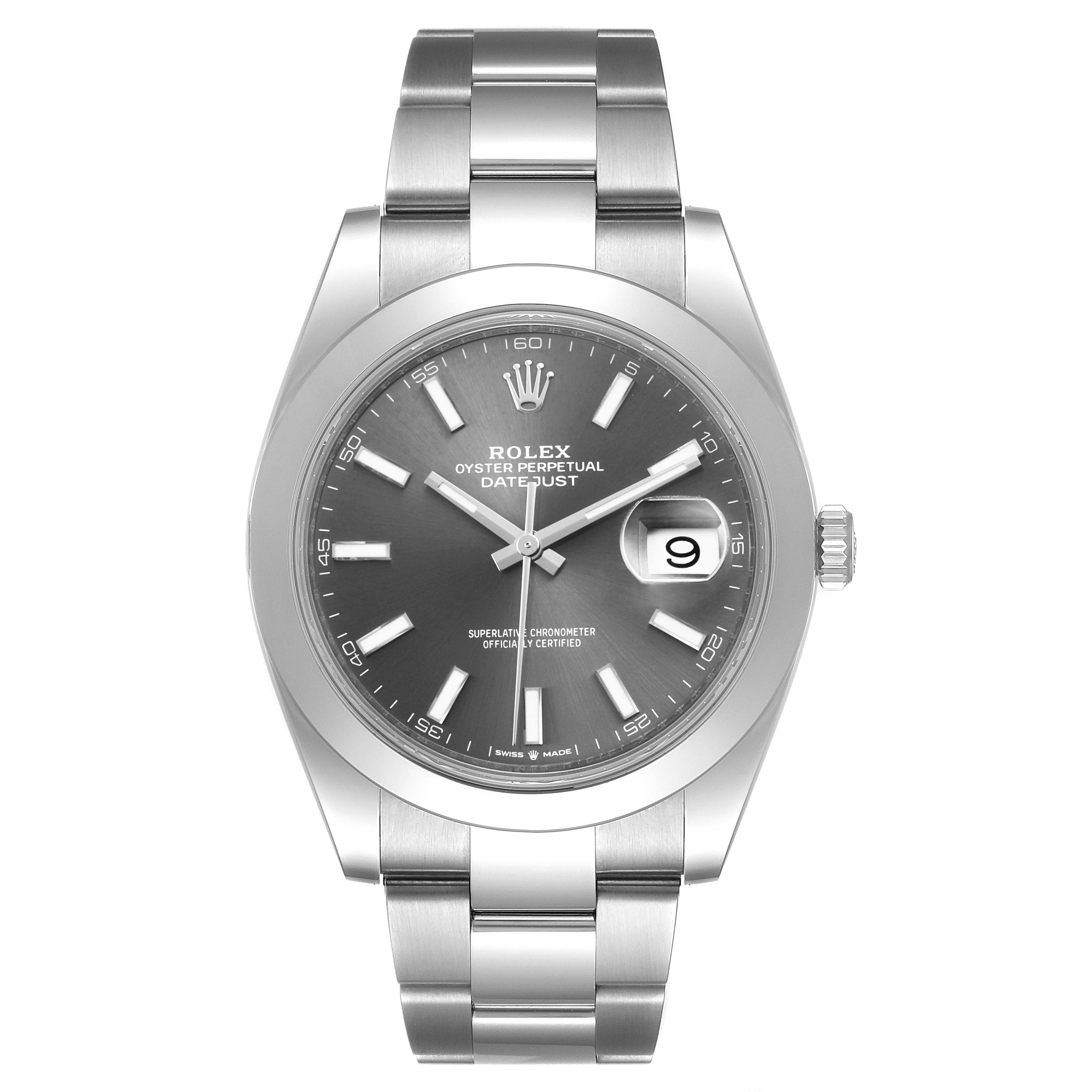This image shows a frontal view of a Rolex Datejust 41 126300 Men's Stainless Steel Grey Dial 126300 Men's Stainless Steel Grey Dial, including the bracelet, case, dial, and crown.