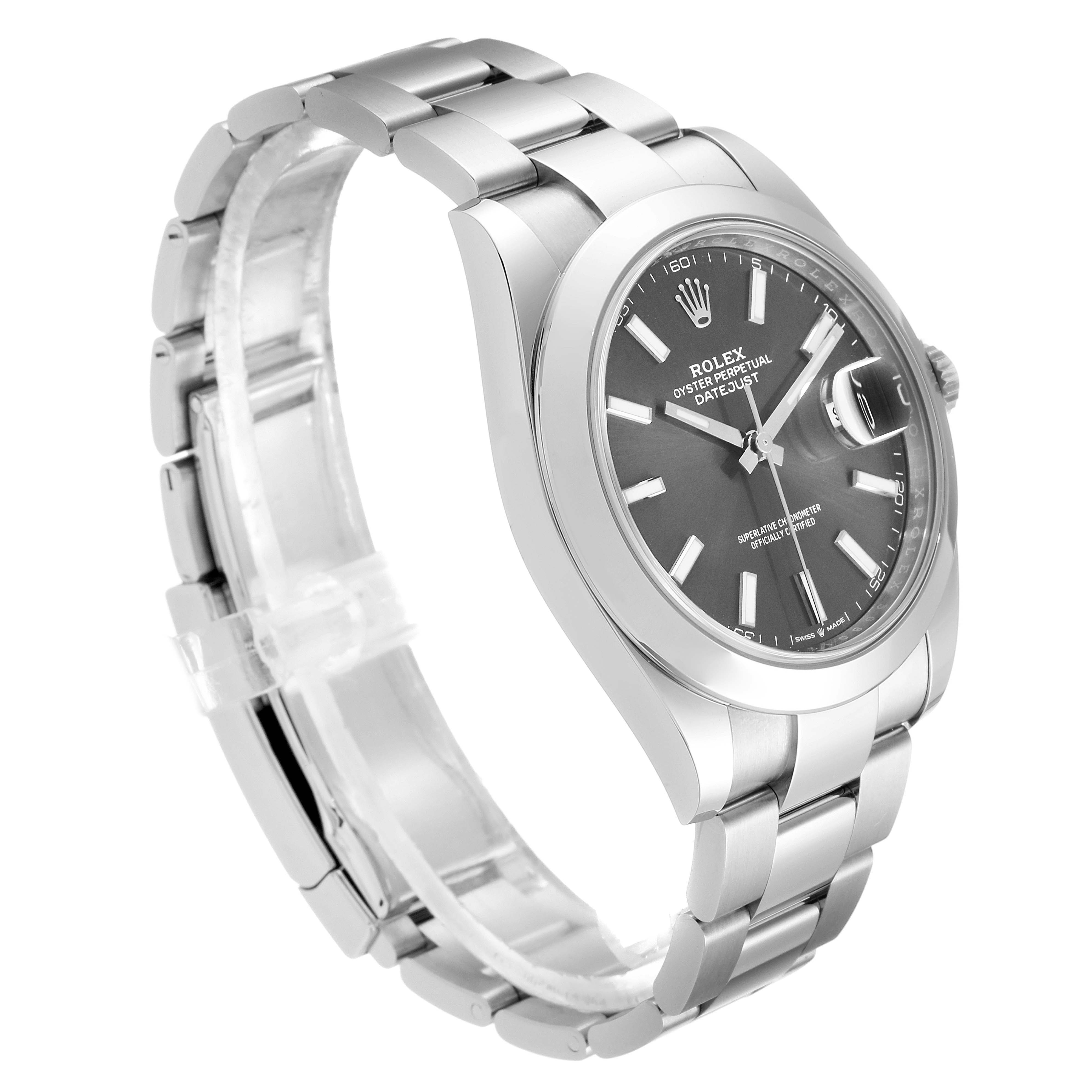 The Rolex Datejust 41 126300 Men's Stainless Steel Grey Dial 126300 Men's Stainless Steel Grey Dial watch is shown at a slight angle from the front-left side, showcasing its face and bracelet.