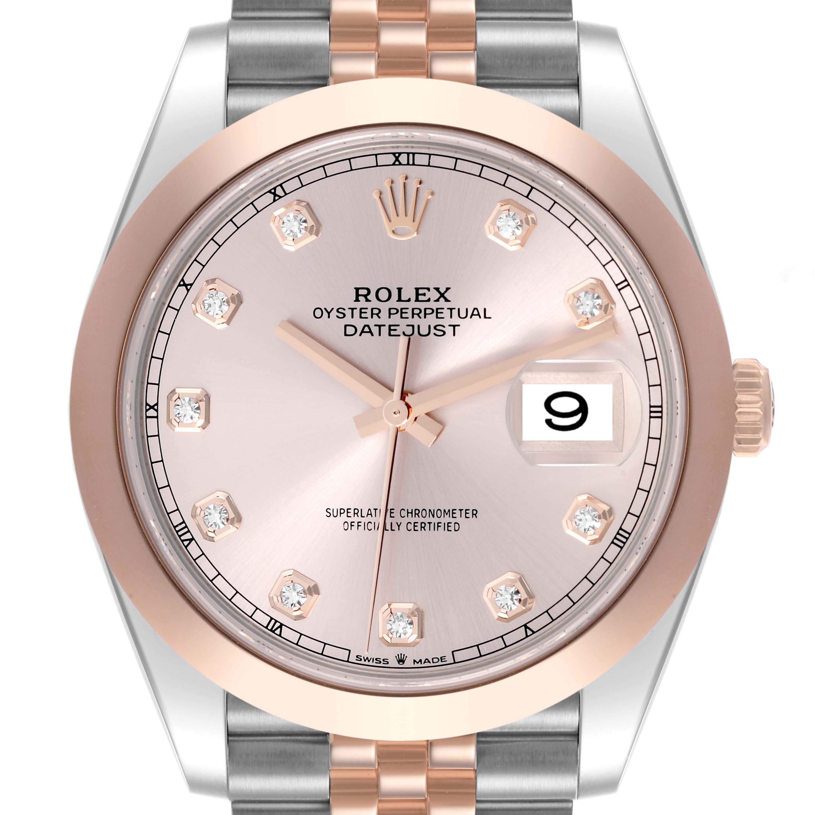 The Rolex Datejust 41 126301 Men's Steel and Gold (two tone) Pink Dial 126301 Men's Steel and Gold (two tone) Pink Dial is shown from the front, displaying the dial, bezel, and part of the bracelet.
