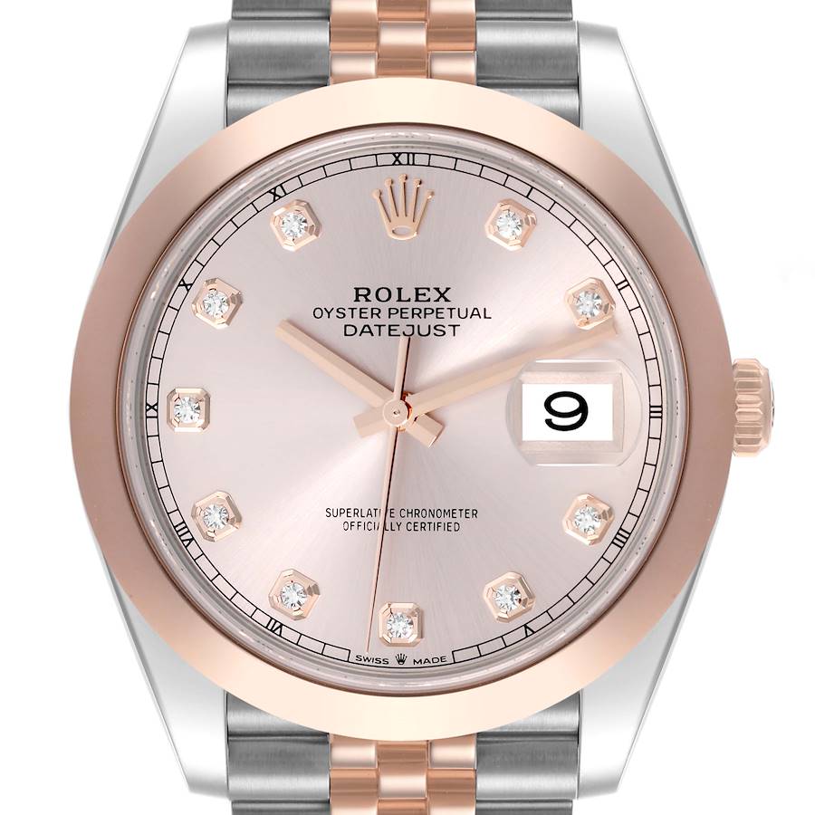 The Rolex Datejust 41 is shown from the front, displaying the dial, bezel, and part of the bracelet.