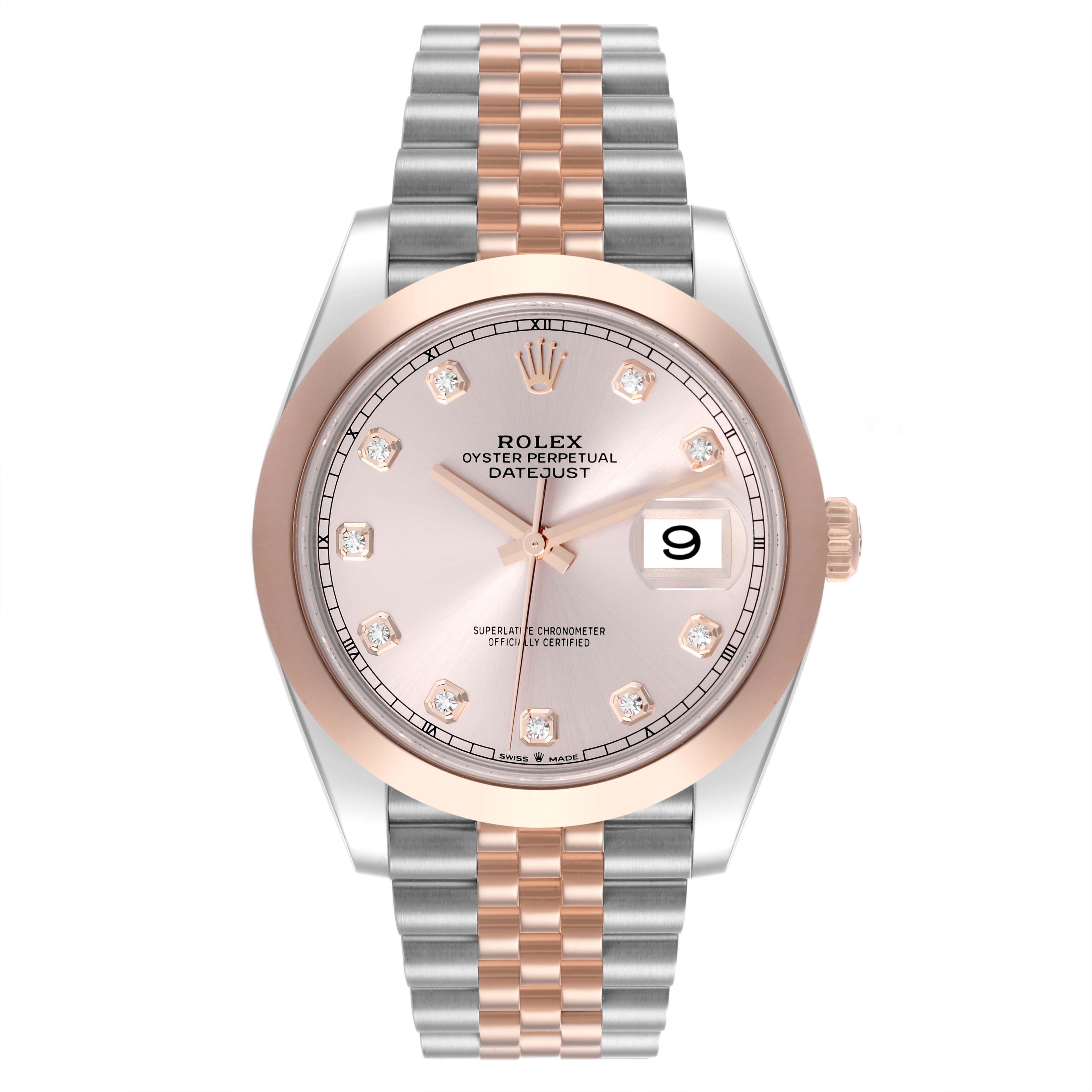 The Rolex Datejust 41 126301 Men's Steel and Gold (two tone) Pink Dial 126301 Men's Steel and Gold (two tone) Pink Dial watch is shown from a front angle, highlighting its dial, bezel, and two-tone bracelet.