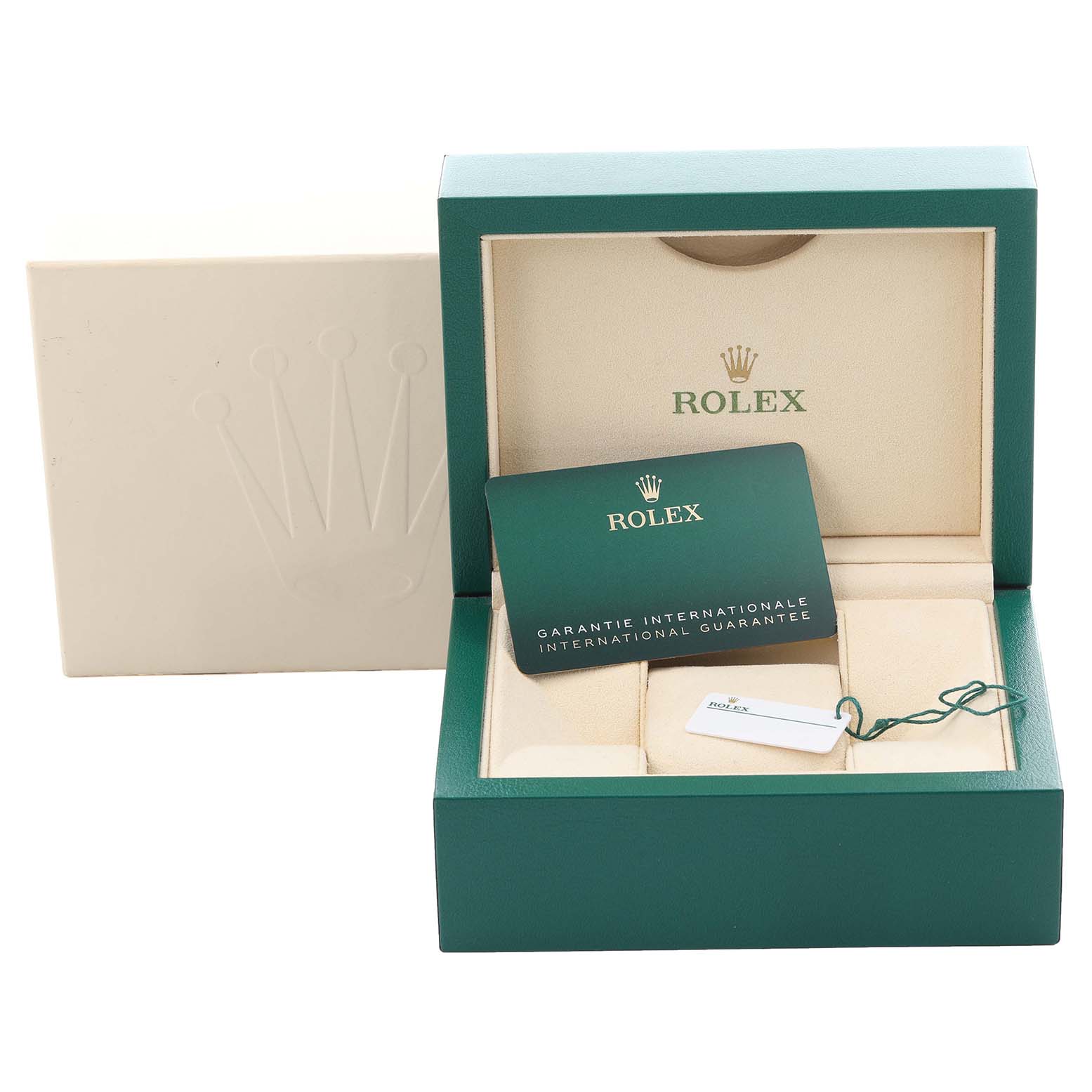 The image shows the open packaging, card, and tag of a Rolex Datejust 41 126301 Men's Steel and Gold (two tone) Pink Dial 126301 Men's Steel and Gold (two tone) Pink Dial watch.