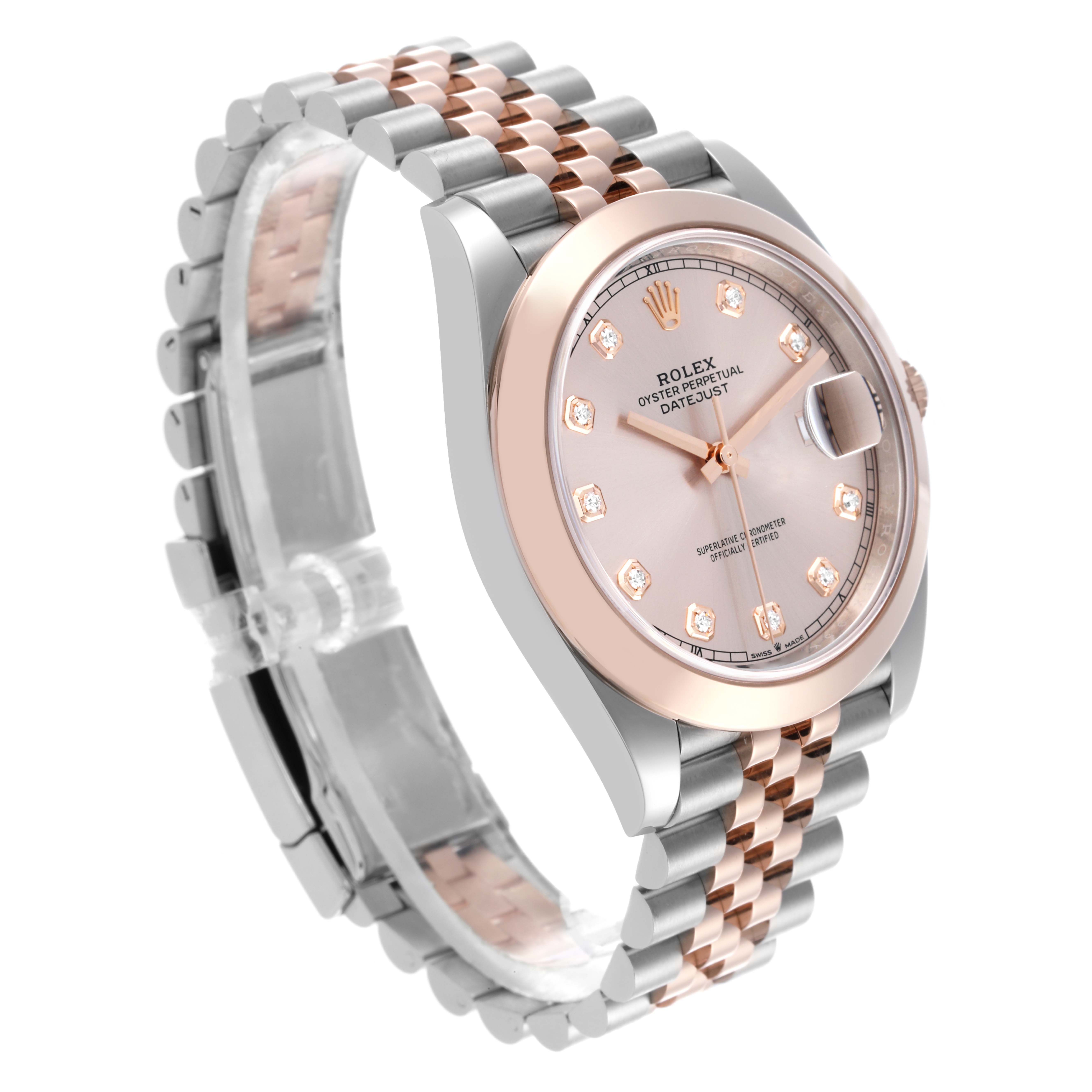 The Rolex Datejust 41 126301 Men's Steel and Gold (two tone) Pink Dial 126301 Men's Steel and Gold (two tone) Pink Dial is shown at an angled view, highlighting the face, bezel, and two-tone bracelet.