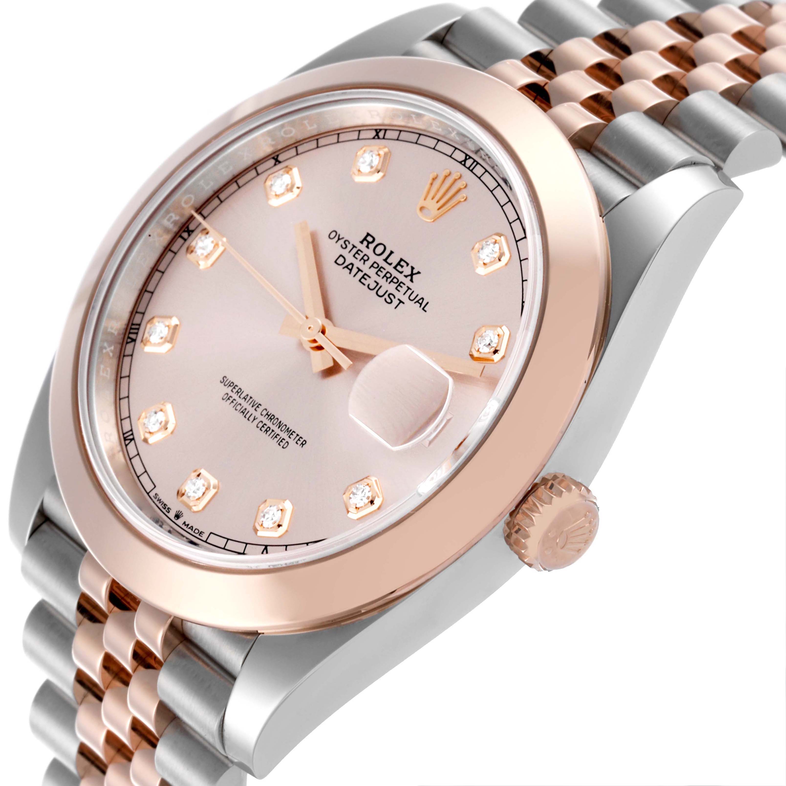 The Rolex Datejust 41 126301 Men's Steel and Gold (two tone) Pink Dial 126301 Men's Steel and Gold (two tone) Pink Dial watch is shown at an angle highlighting the face, bezel, and part of the bracelet.