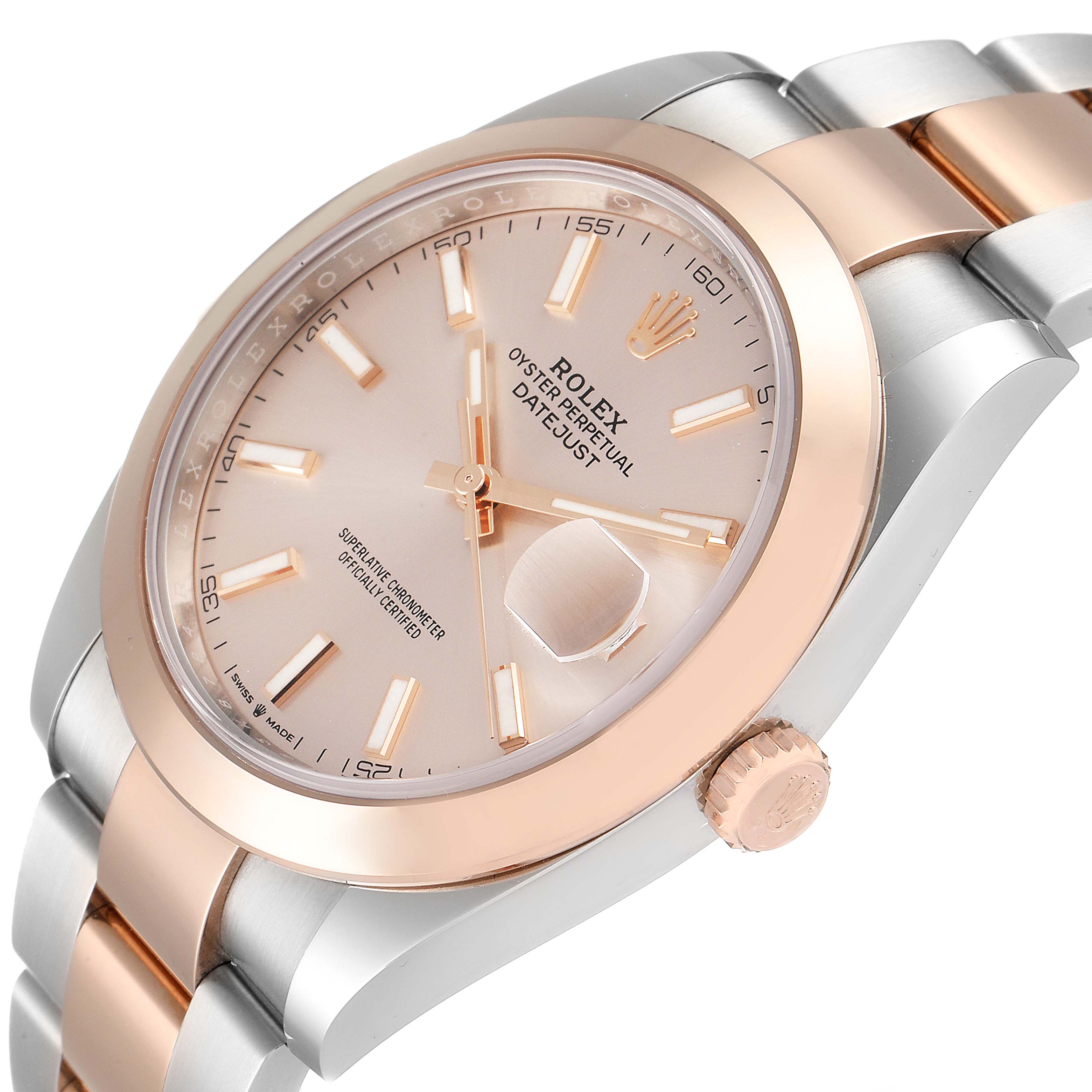 The image shows a Rolex Datejust 41 126301 Men's Steel and Gold (two tone) Beige Dial 126301 Men's Steel and Gold (two tone) Beige Dial watch from a slightly angled side view, highlighting the dial, bezel, crown, and part of the bracelet.