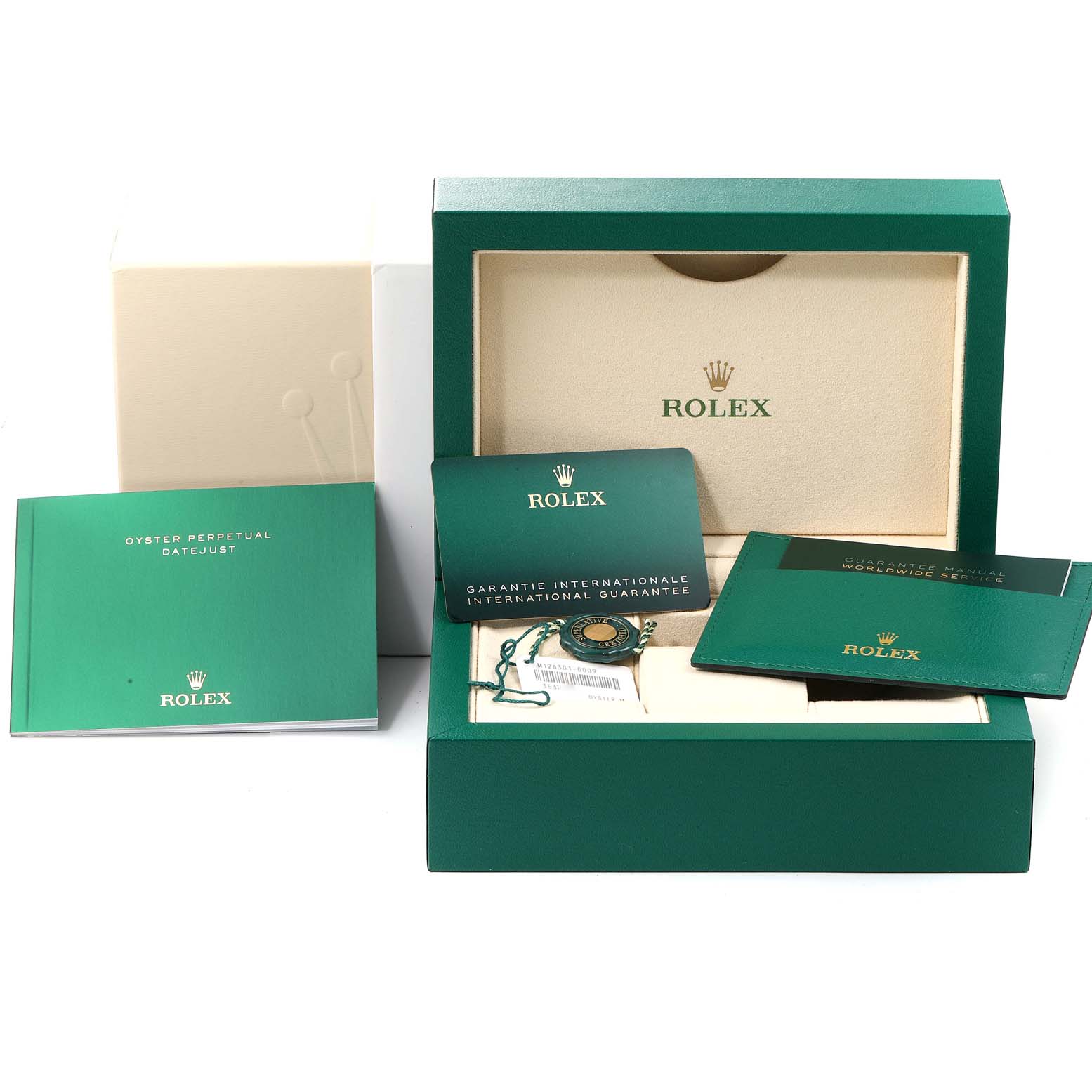 The image shows the packaging, manuals, warranty card, and hang tag for a Rolex Datejust 41 126301 Men's Steel and Gold (two tone) Beige Dial 126301 Men's Steel and Gold (two tone) Beige Dial watch, but not the watch itself.