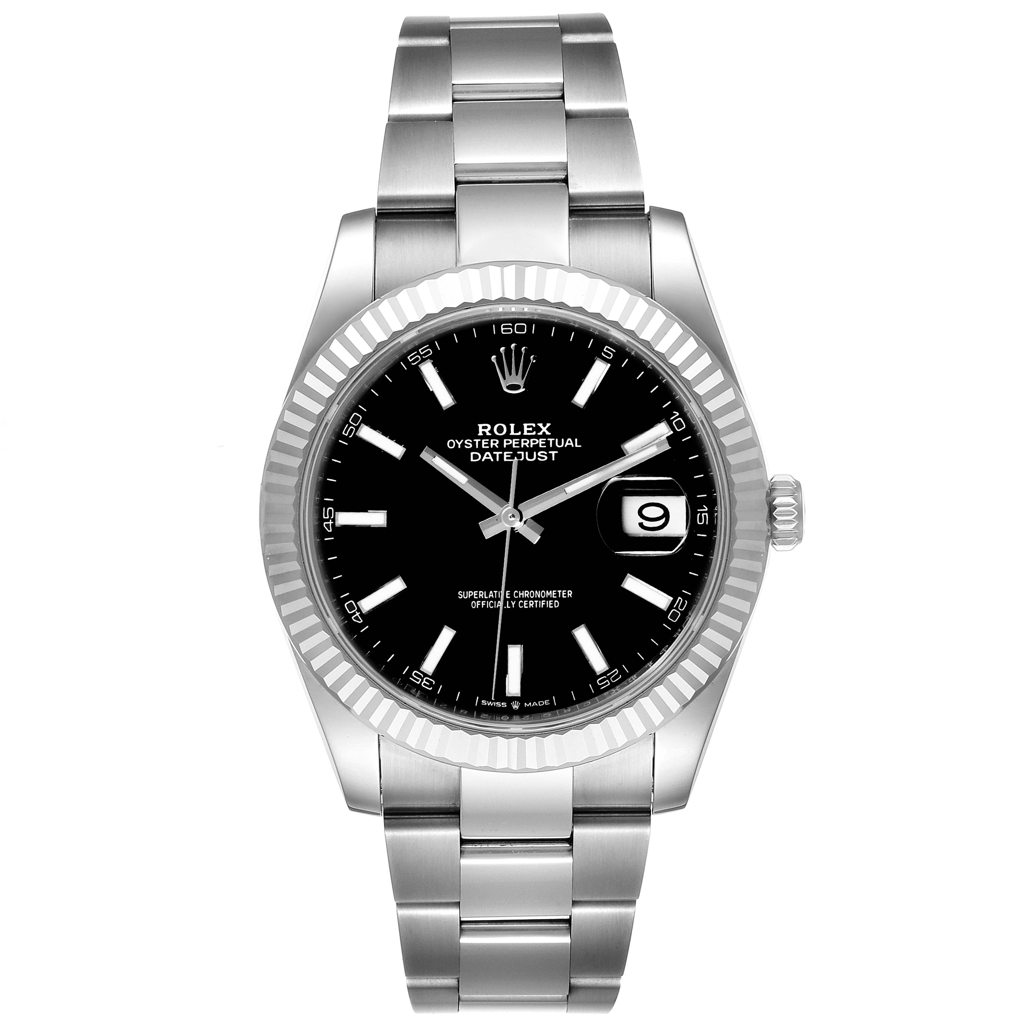 The image shows a front view of the Rolex Datejust 41 126334 Men
s Stainless Steel Black Dial 126334 Men
s Stainless Steel Black Dial watch, highlighting its black dial, fluted bezel, and stainless steel bracelet.