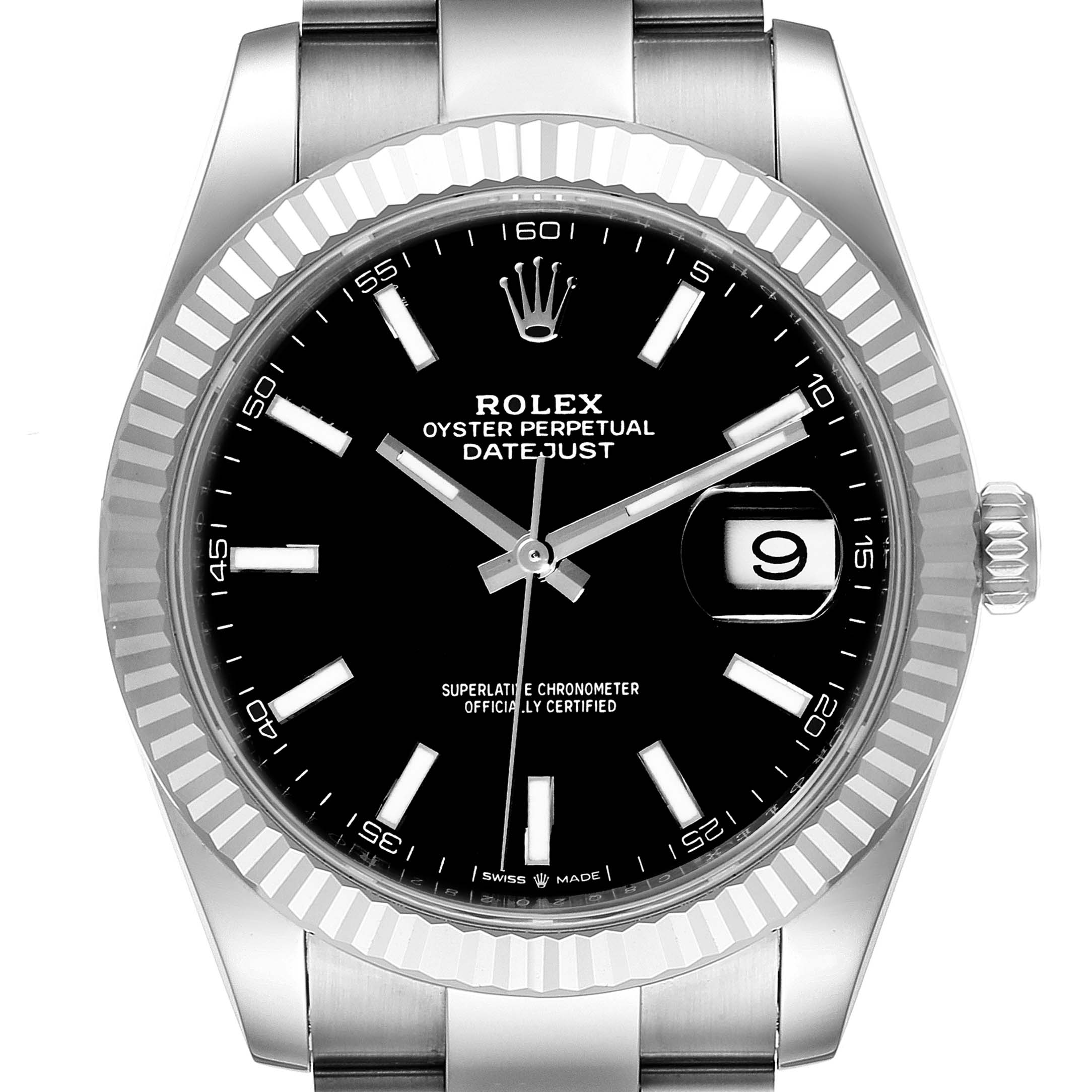 The Rolex Datejust 41 126334 Men
s Stainless Steel Black Dial 126334 Men
s Stainless Steel Black Dial watch is shown from the front, highlighting its black dial, fluted bezel, and stainless steel bracelet.