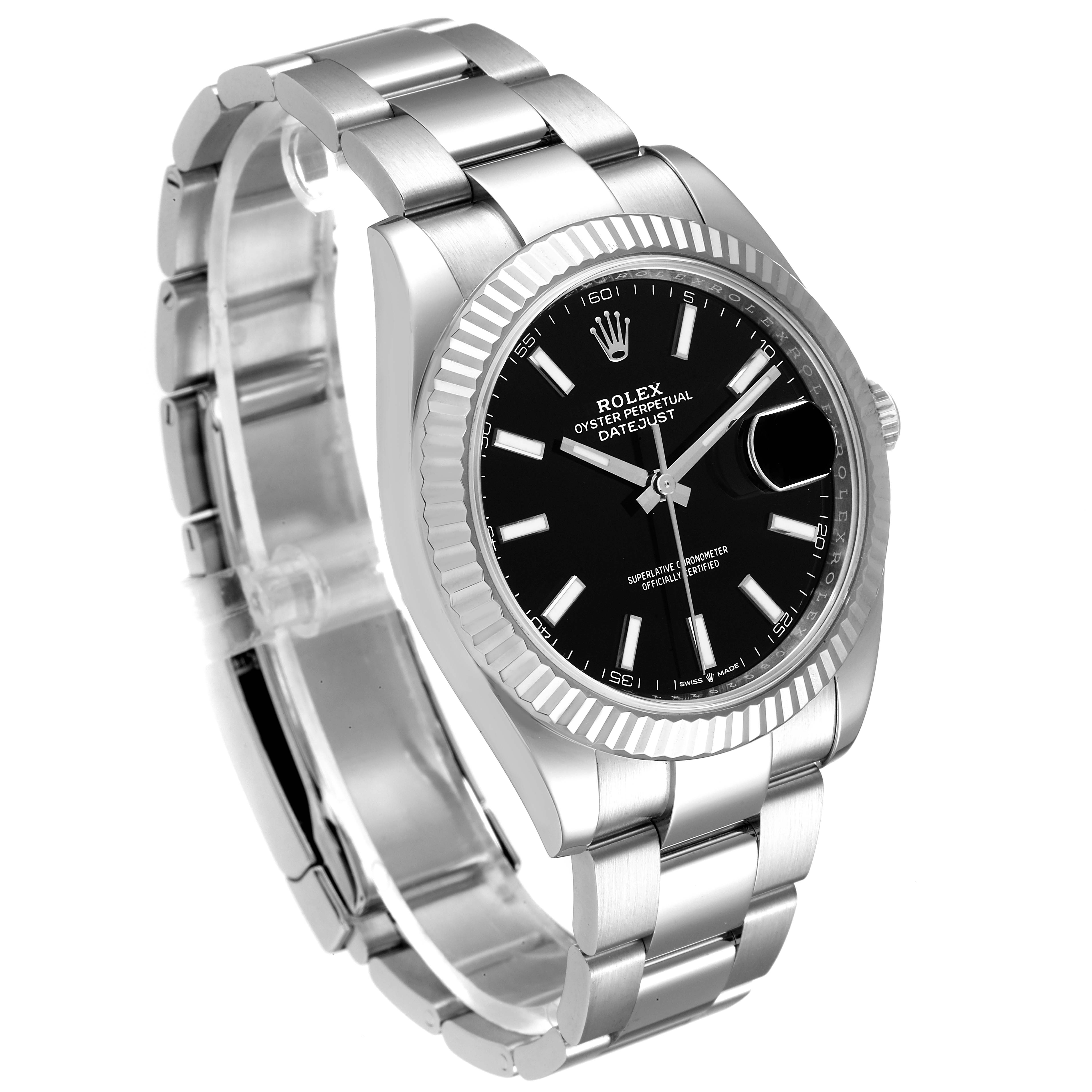 The image shows a Rolex Datejust 41 126334 Men
s Stainless Steel Black Dial 126334 Men
s Stainless Steel Black Dial watch at a three-quarter angle, highlighting its black dial, fluted bezel, and stainless steel bracelet.