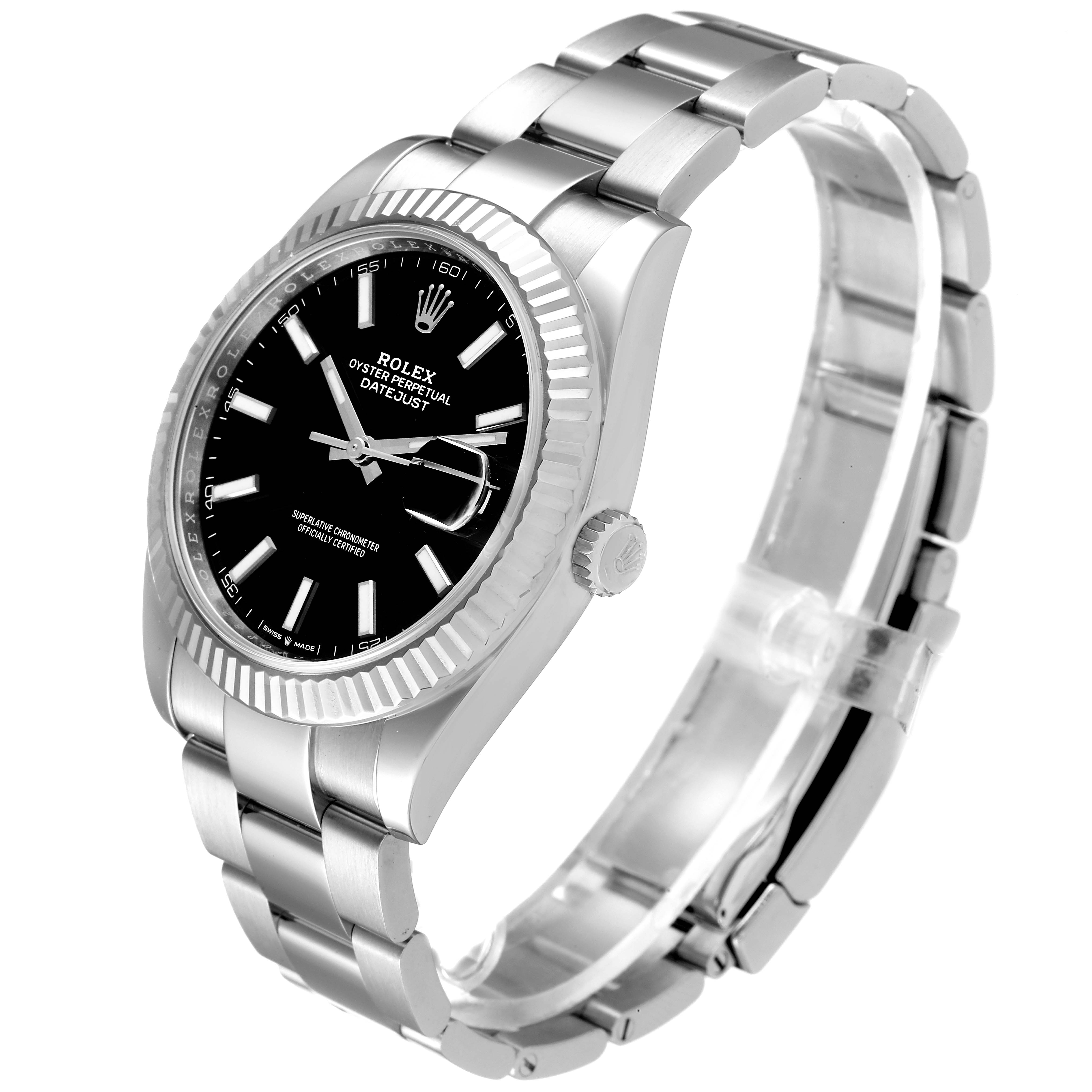 This image shows the Rolex Datejust 41 126334 Men
s Stainless Steel Black Dial 126334 Men
s Stainless Steel Black Dial watch from an angle highlighting its dial, bezel, case, and bracelet.