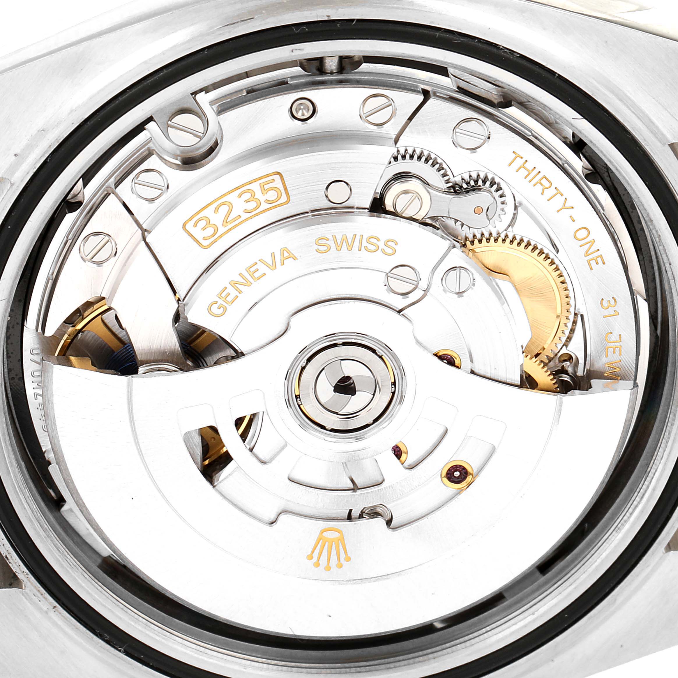 This image shows the movement and internal mechanics of a Rolex Datejust 41 126334 Men
s Stainless Steel Black Dial 126334 Men
s Stainless Steel Black Dial watch from the back.