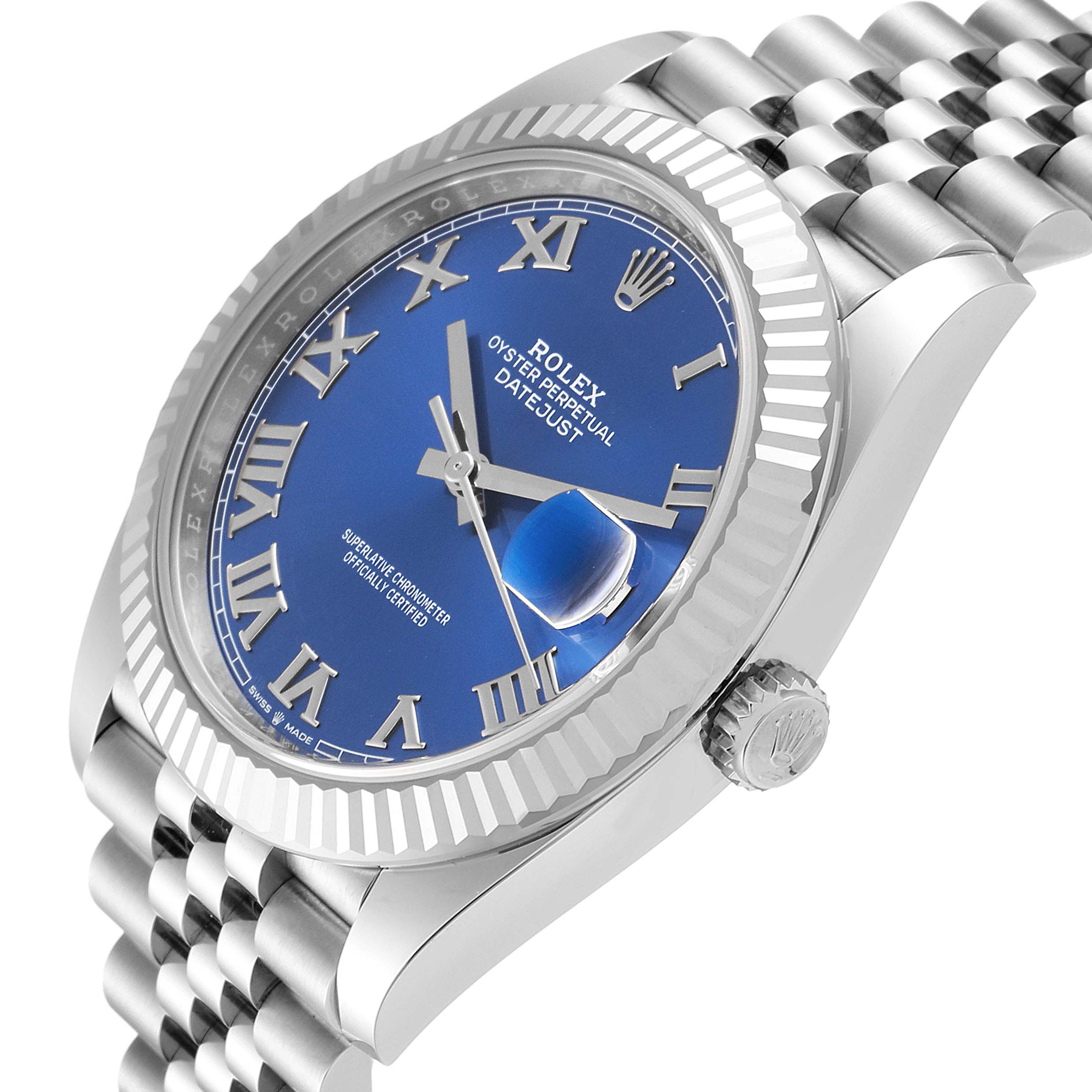 The image shows a Rolex Datejust 41 126334 Men
s Stainless Steel Blue Dial 126334 Men
s Stainless Steel Blue Dial watch at an angled side view, highlighting the blue dial, bezel, crown, and part of the bracelet.