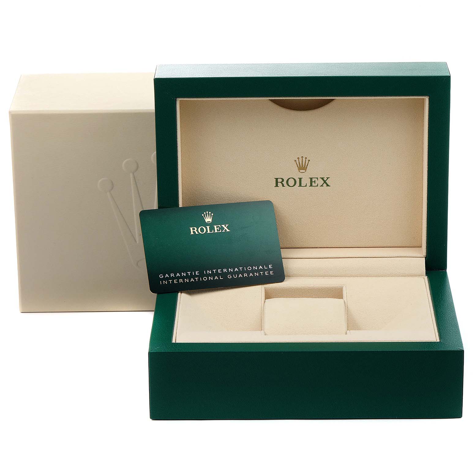 This image shows the box and international guarantee card of the Rolex Datejust 41 126334 Men
s Stainless Steel Blue Dial 126334 Men
s Stainless Steel Blue Dial model.