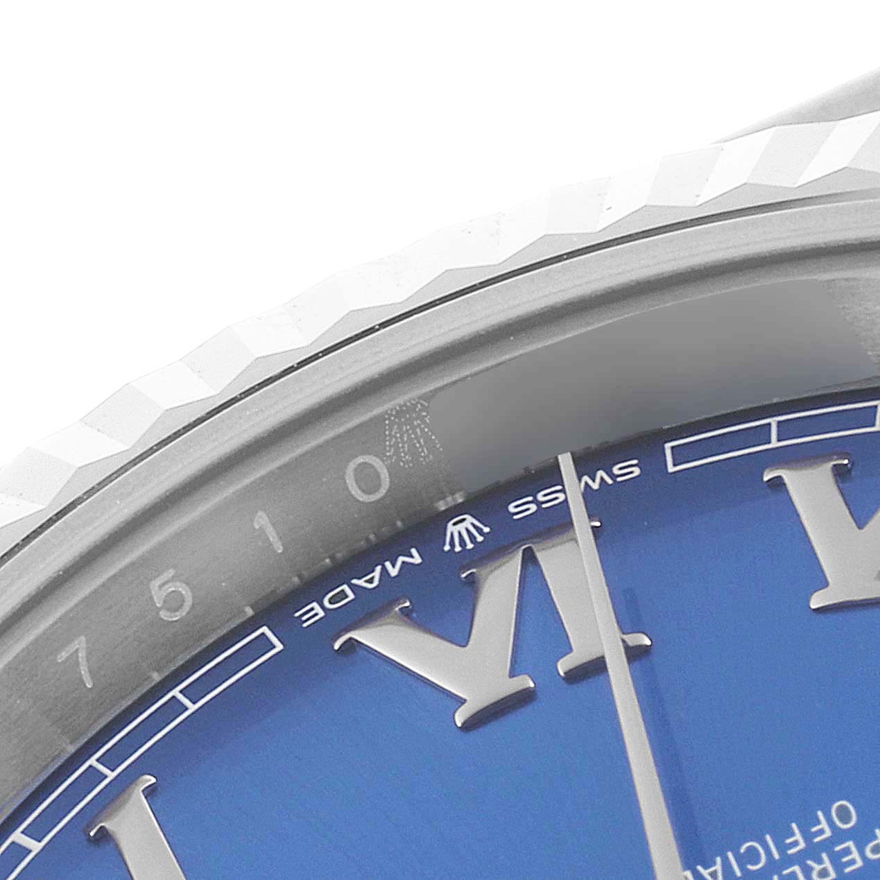 This image shows a close-up of the dial, bezel, and part of the minute hand on a Rolex Datejust 41 126334 Men
s Stainless Steel Blue Dial 126334 Men
s Stainless Steel Blue Dial watch.