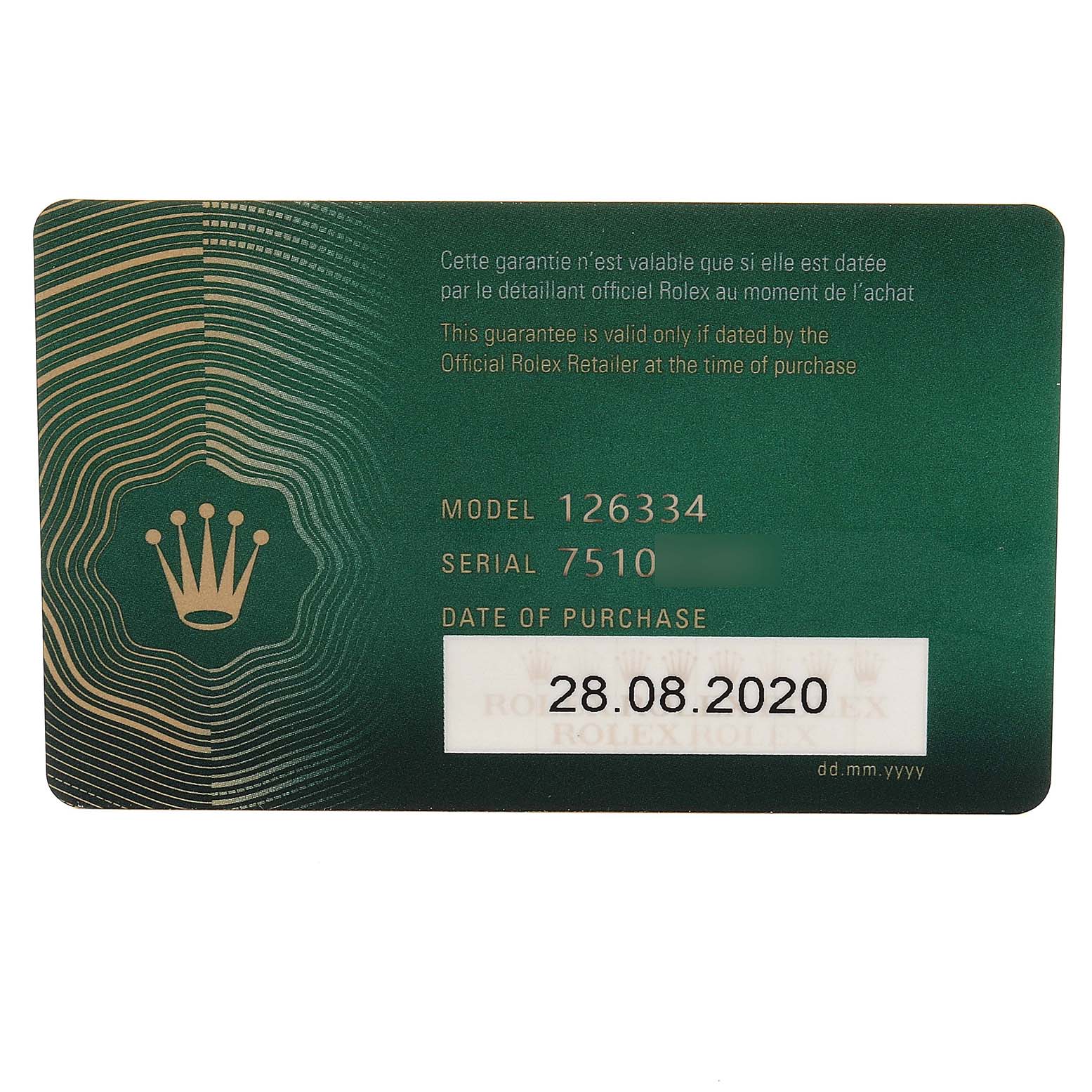 This image shows the warranty card for a Rolex Datejust 41 126334 Men
s Stainless Steel Blue Dial 126334 Men
s Stainless Steel Blue Dial model, including model number, serial number, and purchase date.