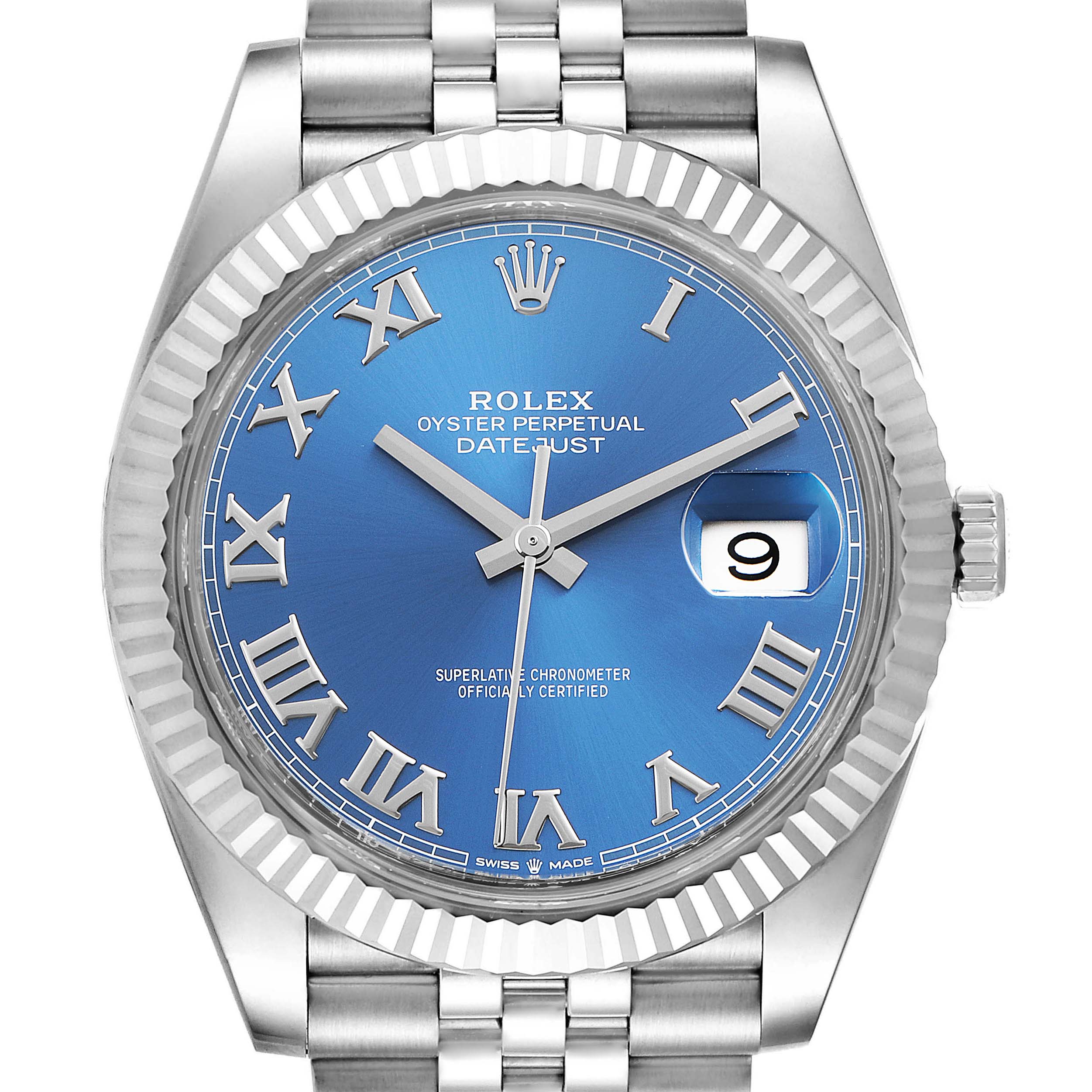 The image shows a front view of a Rolex Datejust 41 126334 Men
s Stainless Steel Blue Dial 126334 Men
s Stainless Steel Blue Dial watch with a blue dial and Roman numeral hour markers.