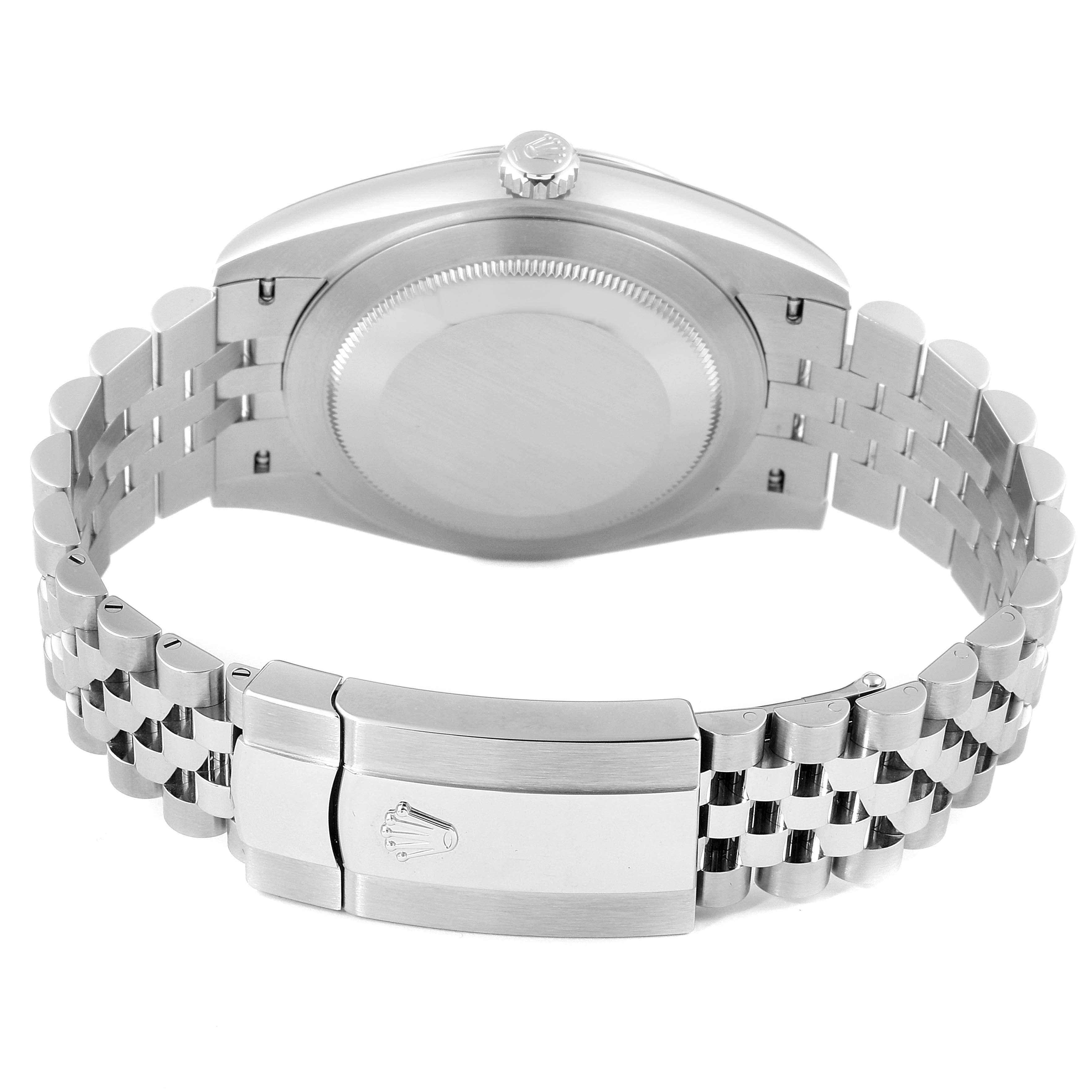 This image shows the back view of a Rolex Datejust 41 126334 Men
s Stainless Steel Blue Dial 126334 Men
s Stainless Steel Blue Dial watch with its clasp and bracelet visible.