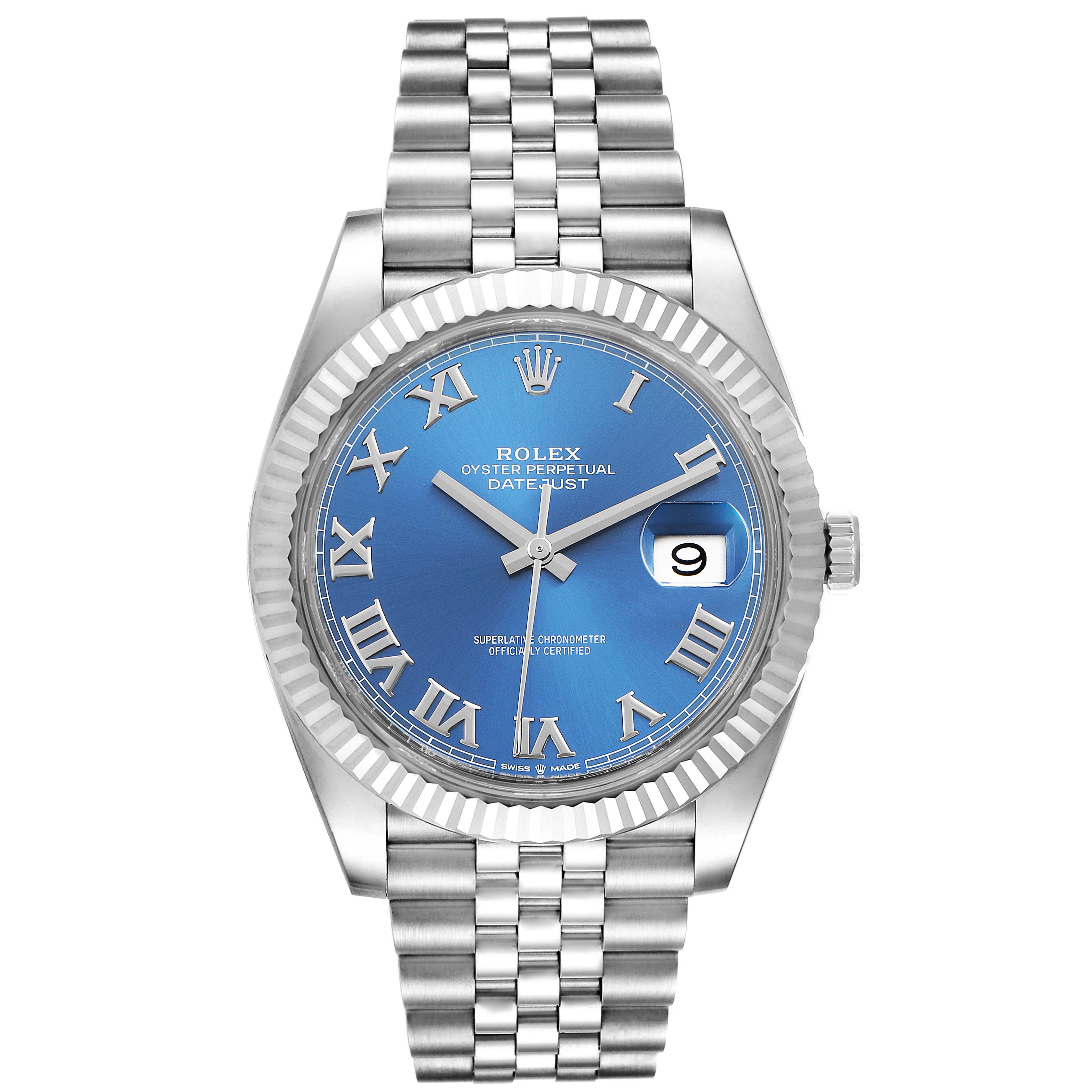 The image shows the front view of the Rolex Datejust 41 126334 Men
s Stainless Steel Blue Dial 126334 Men
s Stainless Steel Blue Dial watch, featuring a blue dial with Roman numerals and a Jubilee bracelet.