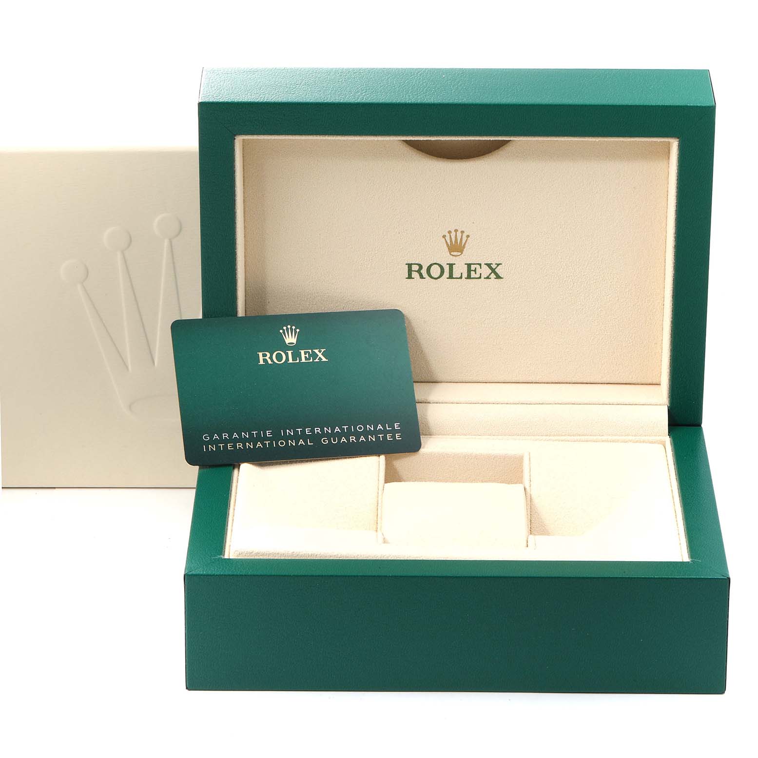 The image shows the packaging and international guarantee card of the Rolex Datejust 41 126334 Men's Stainless Steel Blue Dial 126334 Men's Stainless Steel Blue Dial watch.