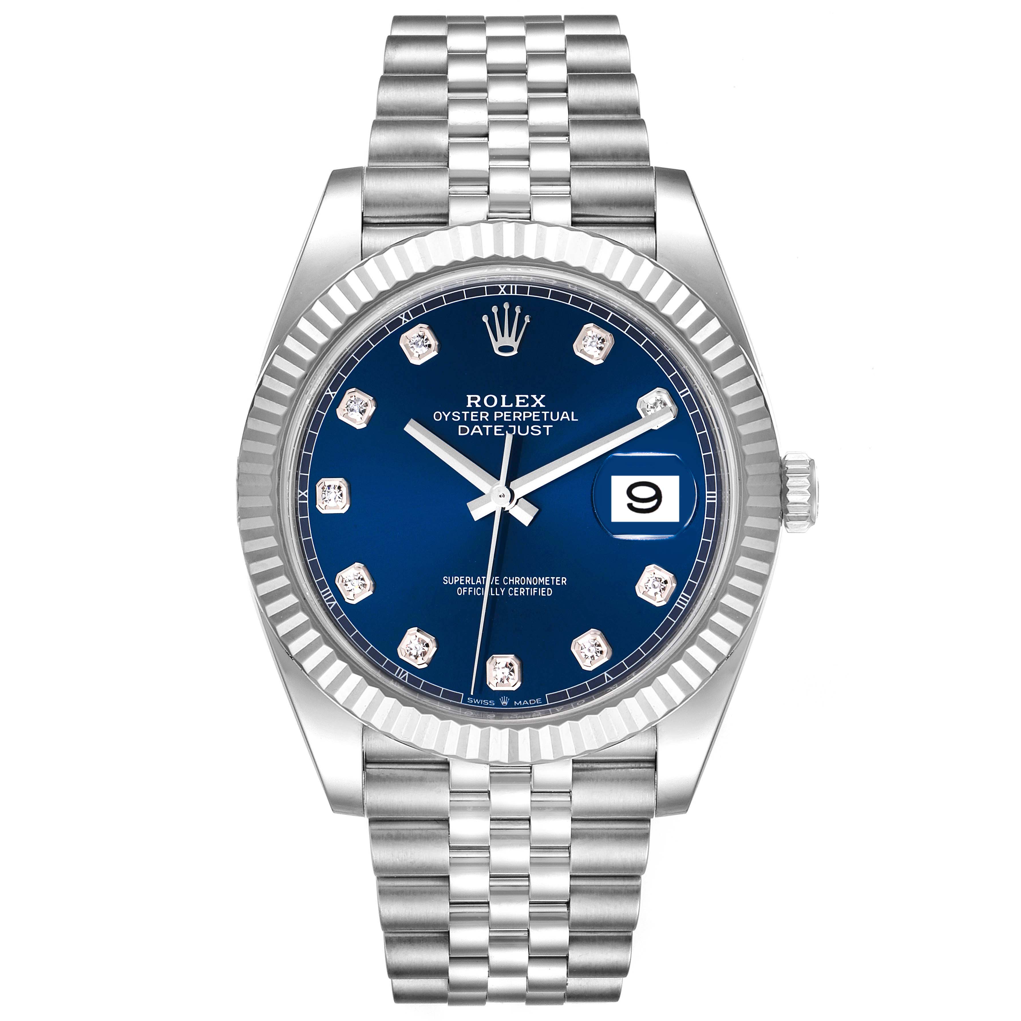 This image displays a front view of the Rolex Datejust 41 126334 Men's Stainless Steel Blue Dial 126334 Men's Stainless Steel Blue Dial, highlighting its blue dial, fluted bezel, and Jubilee bracelet.