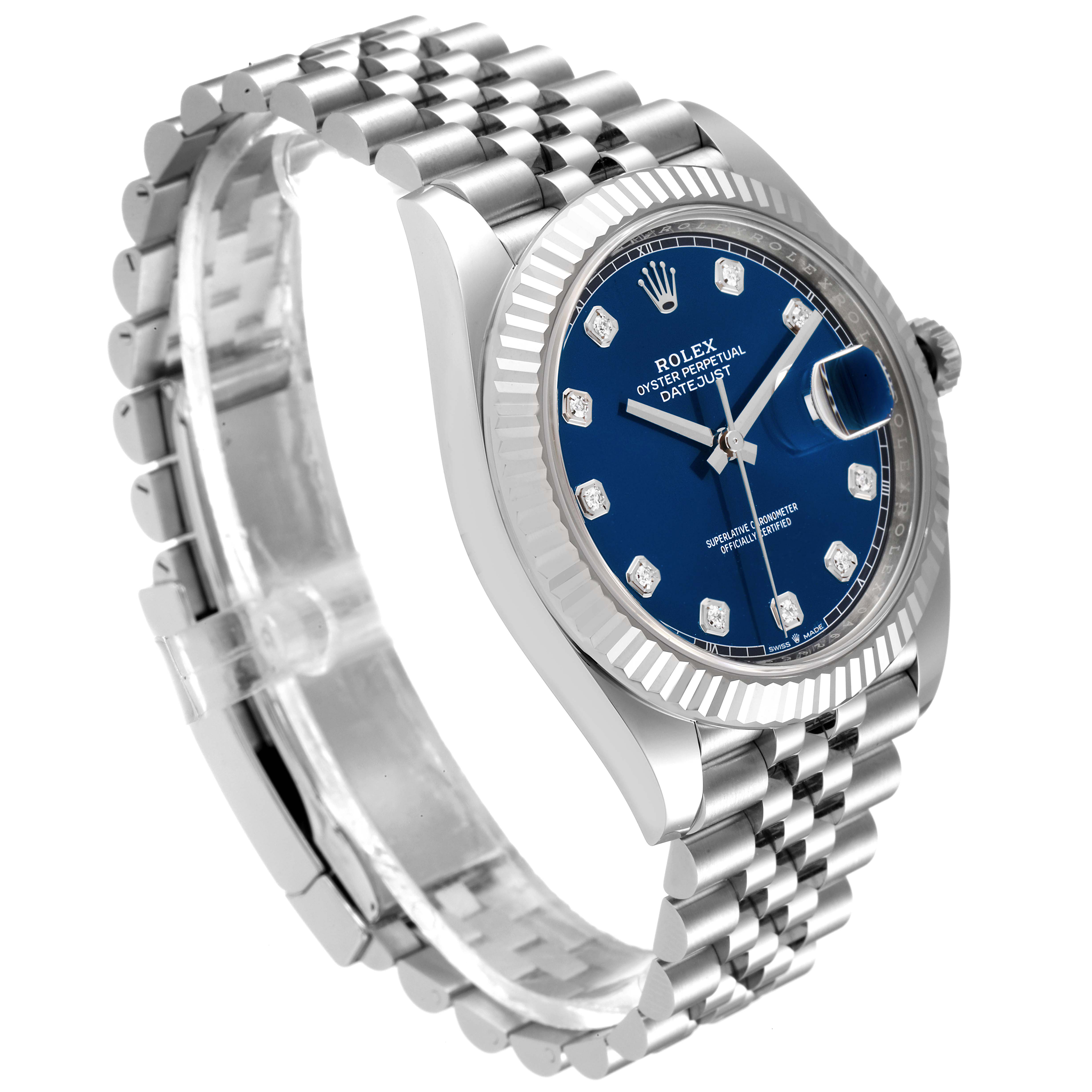 The image shows a Rolex Datejust 41 126334 Men's Stainless Steel Blue Dial 126334 Men's Stainless Steel Blue Dial watch at a slight angle, highlighting its blue dial, fluted bezel, and Jubilee bracelet.