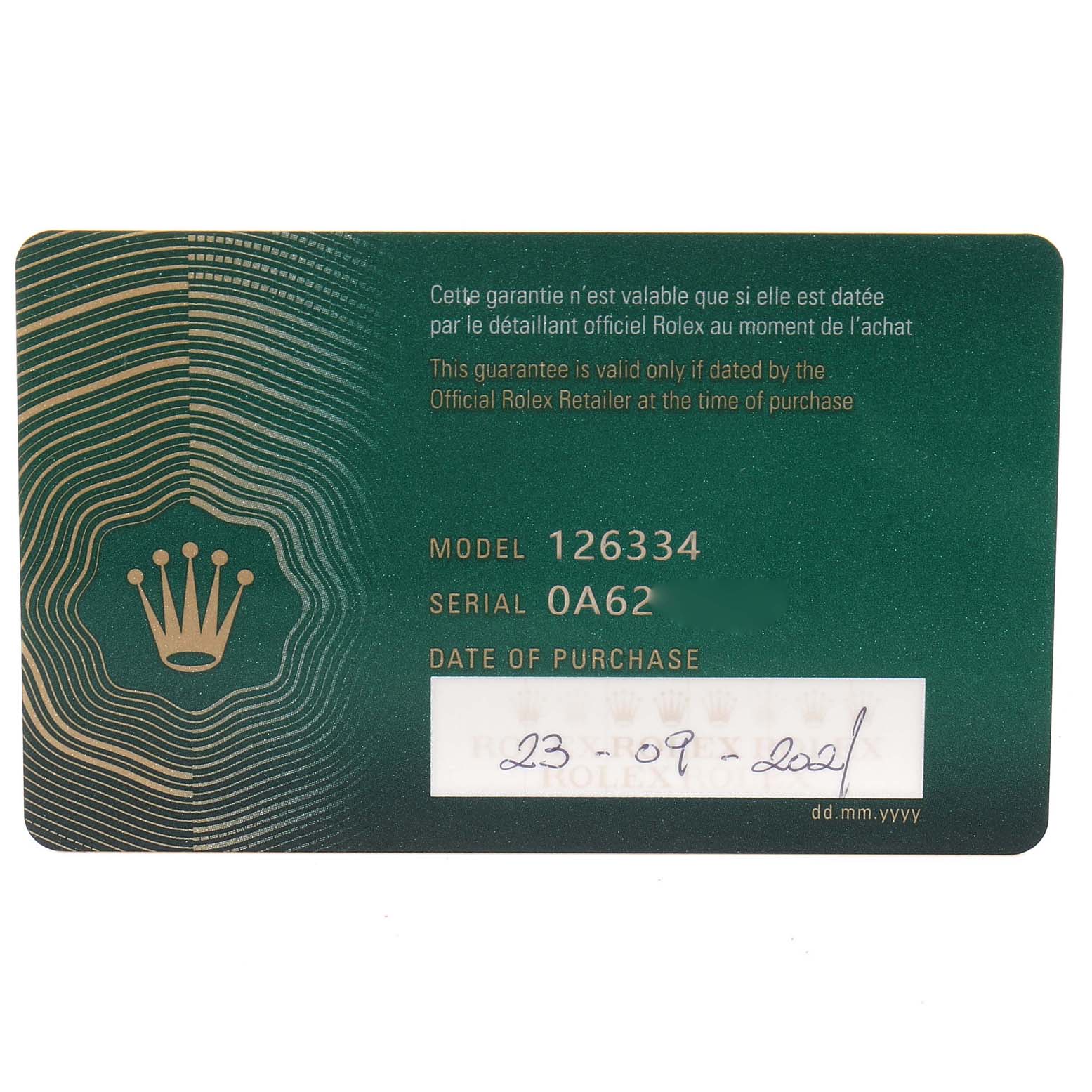 The image shows a warranty card for a Rolex Datejust 41 126334 Men's Stainless Steel Blue Dial 126334 Men's Stainless Steel Blue Dial model with details including the model number, serial number, and date of purchase.