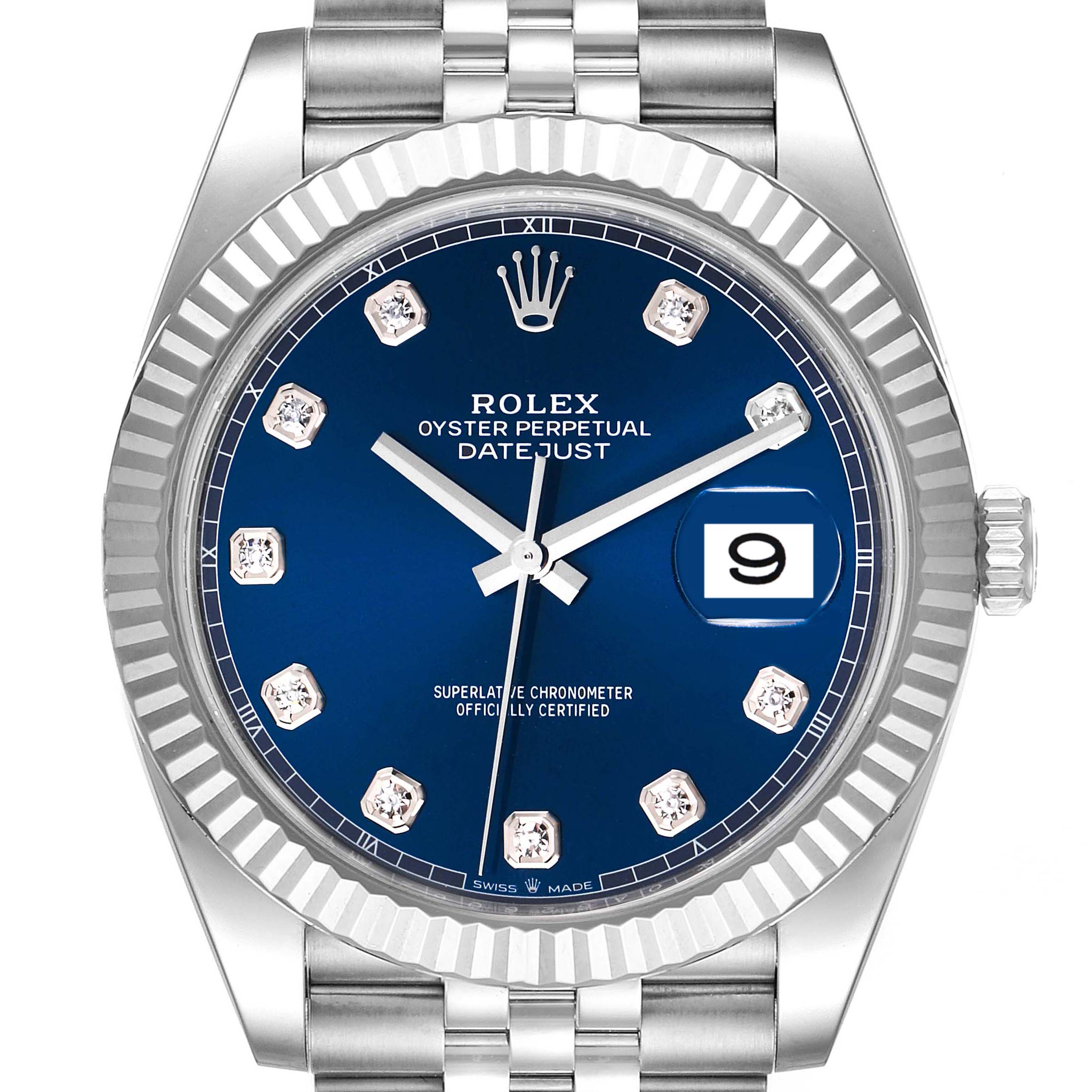 This image shows a front view of the Rolex Datejust 41 126334 Men's Stainless Steel Blue Dial 126334 Men's Stainless Steel Blue Dial watch featuring a blue dial, fluted bezel, and jubilee bracelet.