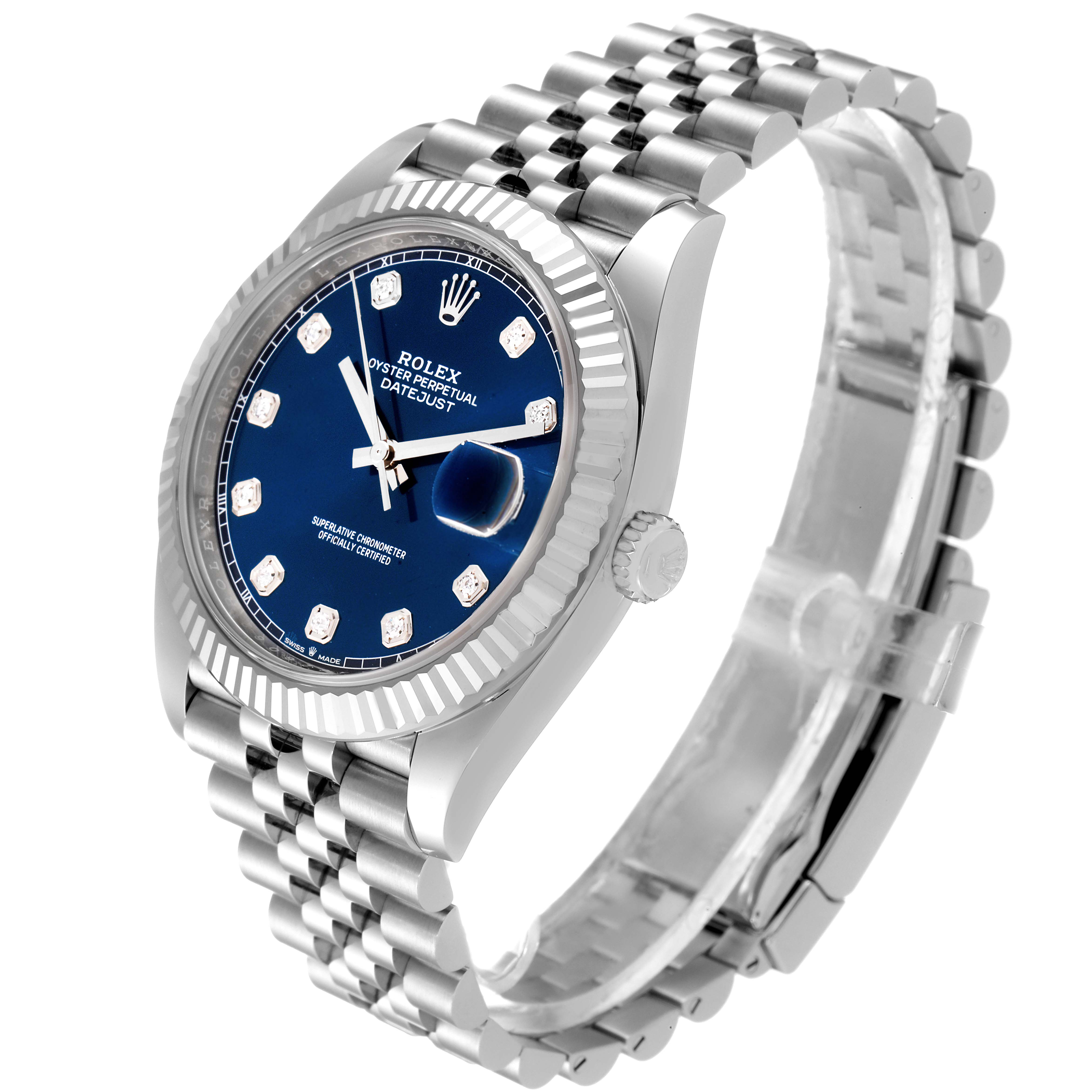The image shows a side angle view of the Rolex Datejust 41 126334 Men's Stainless Steel Blue Dial 126334 Men's Stainless Steel Blue Dial watch, highlighting its blue dial and jubilee bracelet.