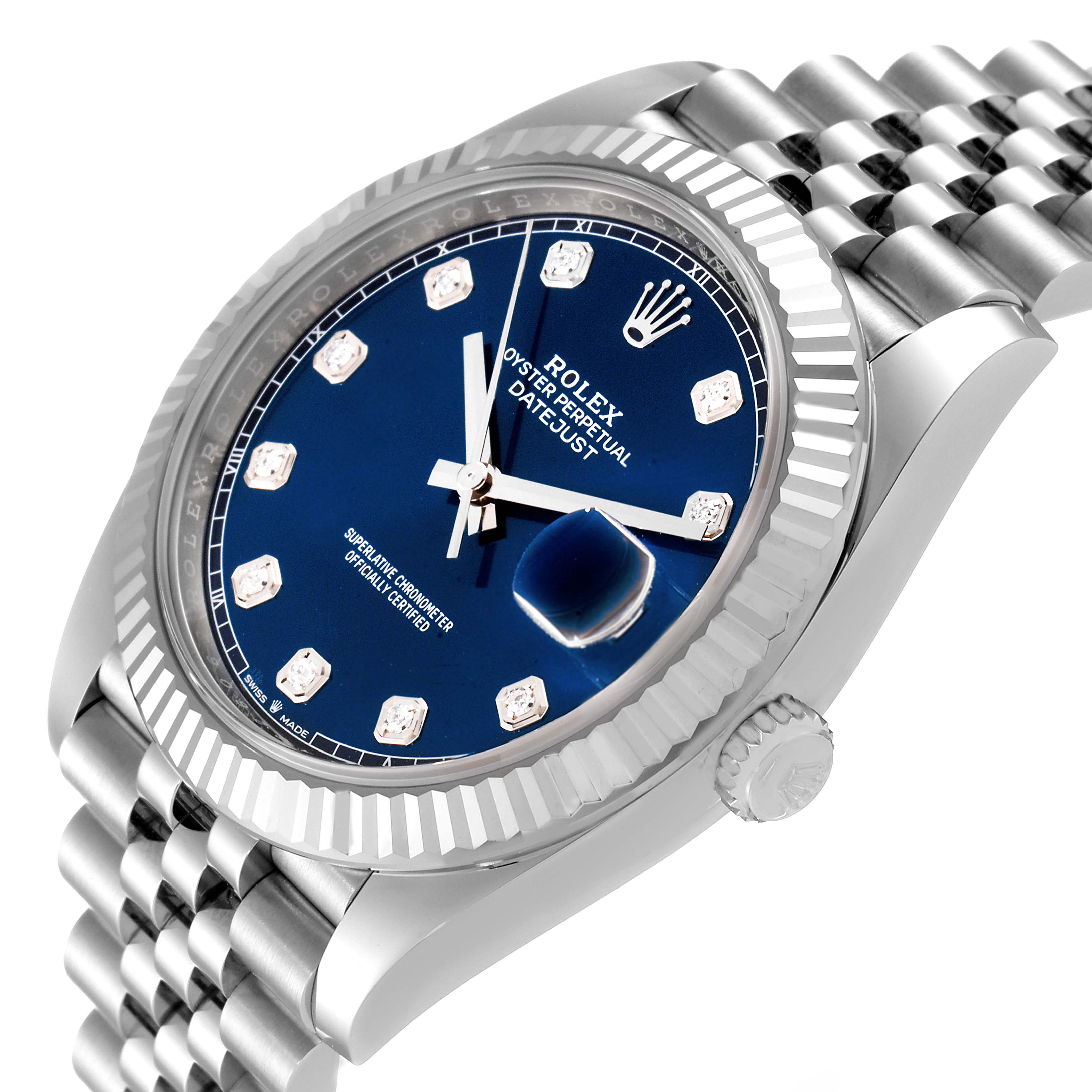 The image shows a Rolex Datejust 41 126334 Men's Stainless Steel Blue Dial 126334 Men's Stainless Steel Blue Dial model watch at an oblique angle, highlighting the face, bezel, crown, and part of the bracelet.