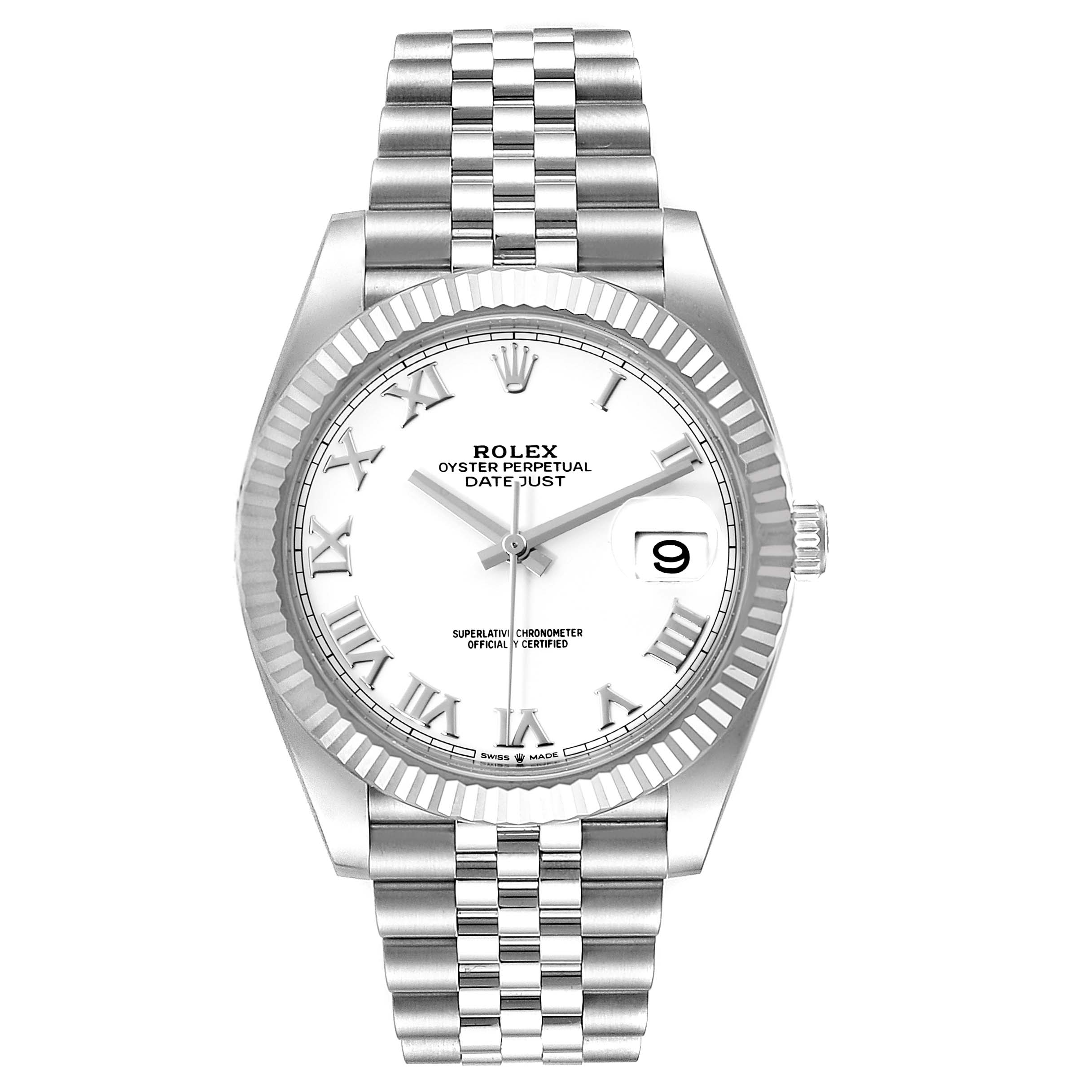 The Rolex Datejust 41 126334 Men
s Stainless Steel White Dial 126334 Men
s Stainless Steel White Dial watch is shown from a front angle, displaying the face, bezel, and bracelet.