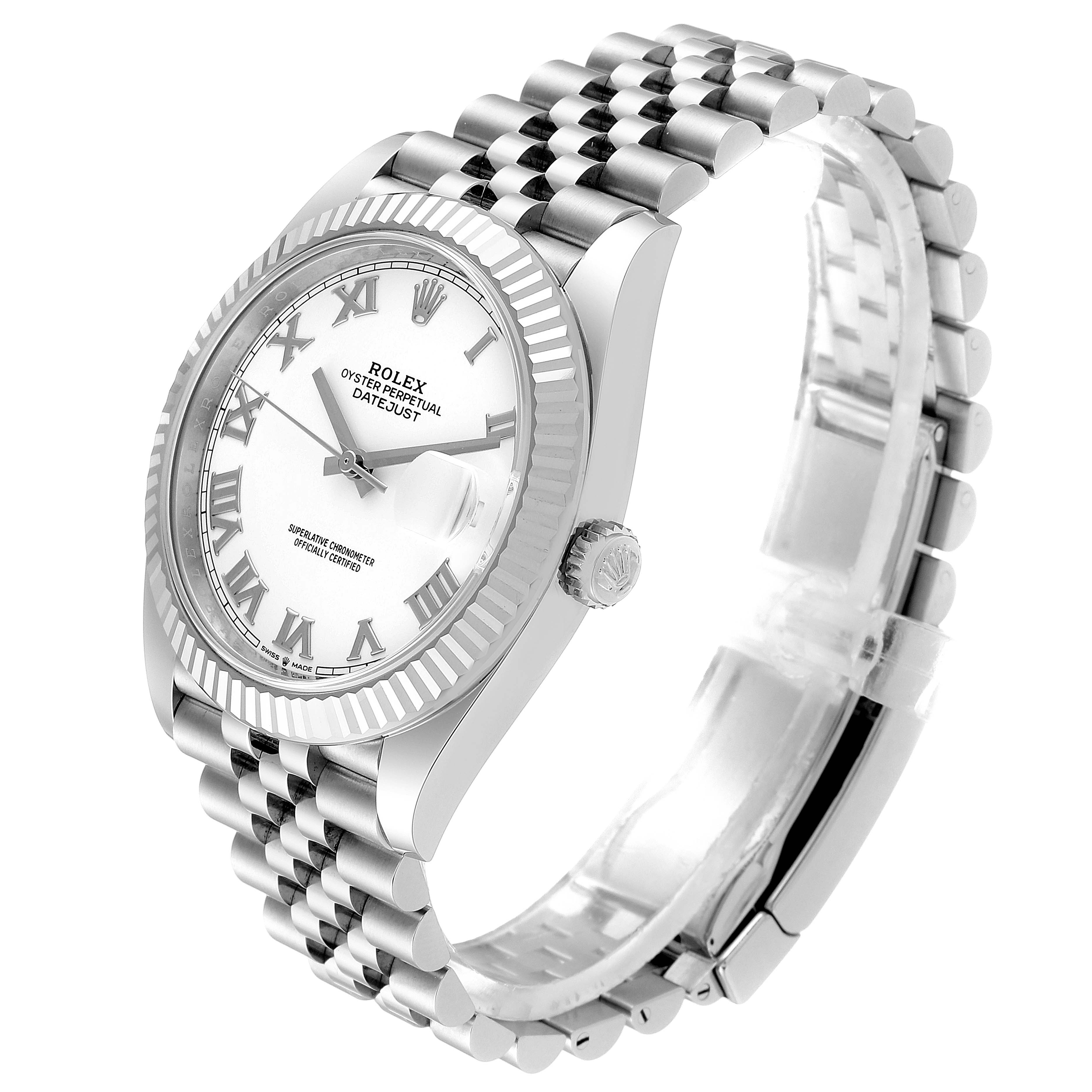 This image shows a side angle of a Rolex Datejust 41 126334 Men
s Stainless Steel White Dial 126334 Men
s Stainless Steel White Dial, displaying the face, bezel, crown, and bracelet.