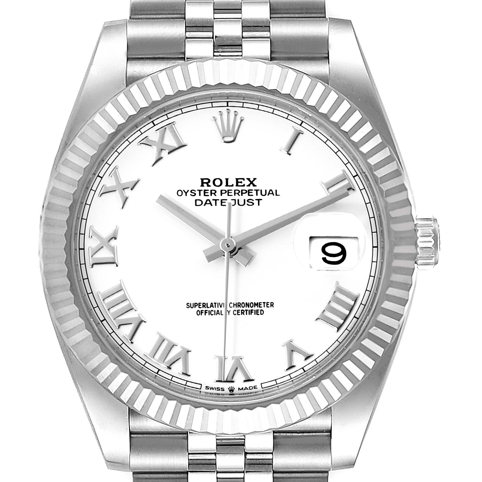The image shows a front view of the Rolex Datejust 41 126334 Men
s Stainless Steel White Dial 126334 Men
s Stainless Steel White Dial watch, highlighting the dial, fluted bezel, and part of the bracelet.