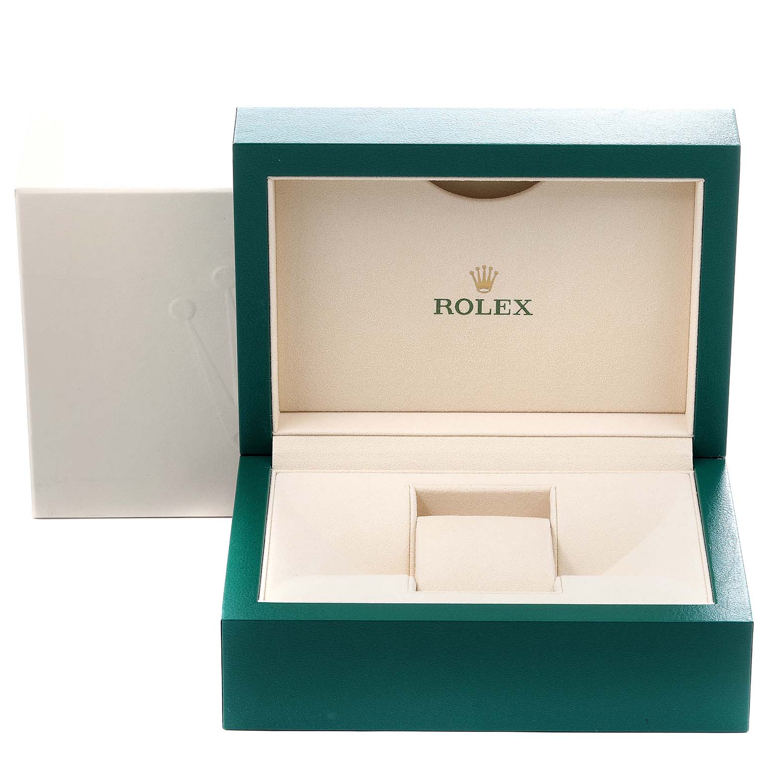 A Rolex Datejust 41 126334 Men
s Stainless Steel White Dial 126334 Men
s Stainless Steel White Dial green watch box is shown open, displaying its interior padding and Rolex logo.