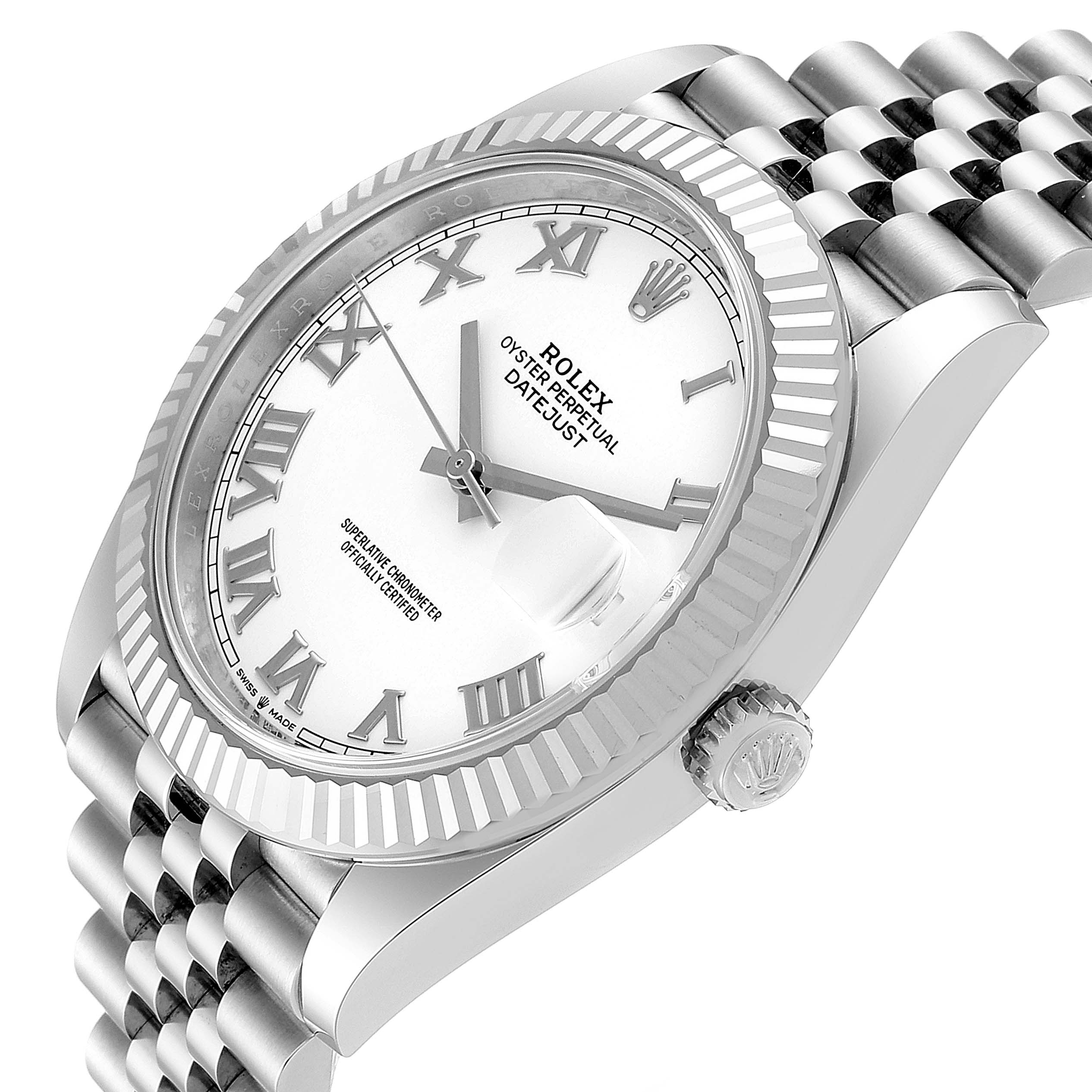 This image shows a close-up of the dial, bezel, crown, and bracelet of the Rolex Datejust 41 126334 Men
s Stainless Steel White Dial 126334 Men
s Stainless Steel White Dial watch.