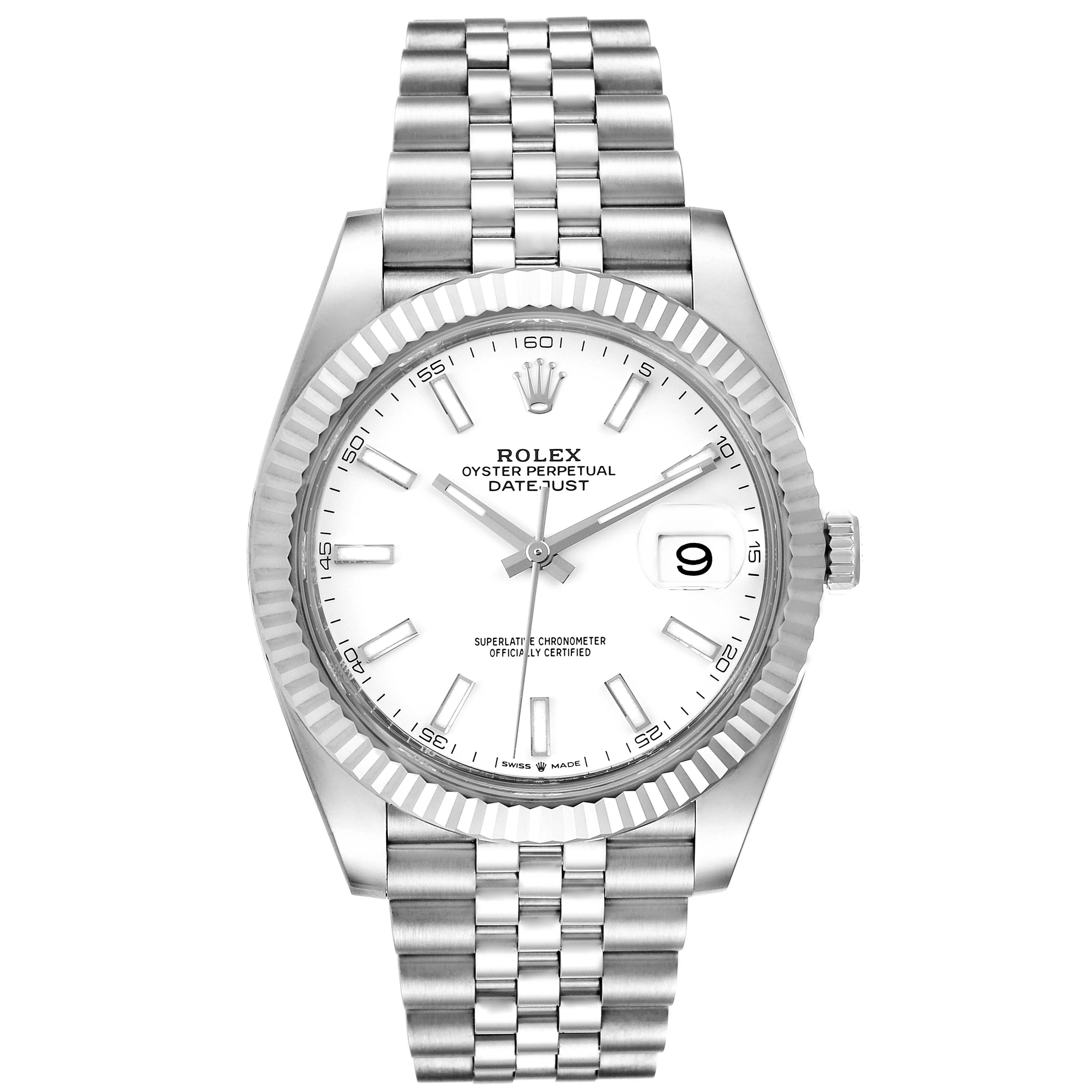 The image shows a front view of a Rolex Datejust 41 126334 Men
s Stainless Steel White Dial 126334 Men
s Stainless Steel White Dial watch, highlighting its white dial, fluted bezel, and Jubilee bracelet.