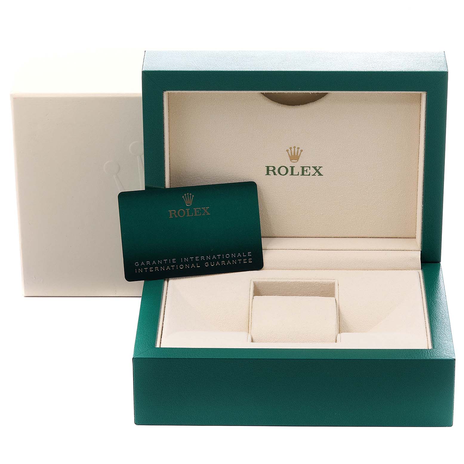 This image shows a Rolex Datejust 41 126334 Men
s Stainless Steel White Dial 126334 Men
s Stainless Steel White Dial watch box, including its guarantee card and inner packaging.