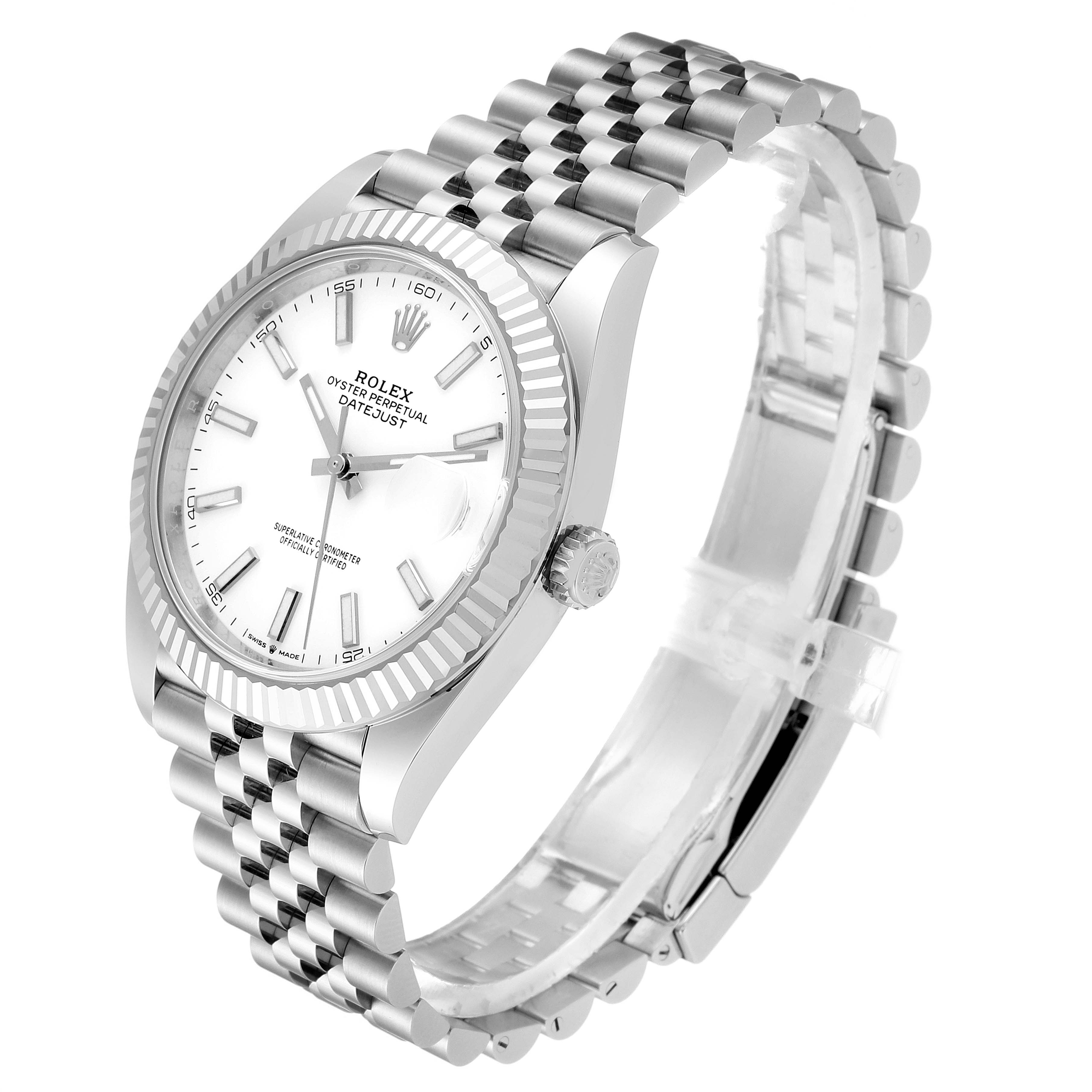 The image shows a Rolex Datejust 41 126334 Men
s Stainless Steel White Dial 126334 Men
s Stainless Steel White Dial model from a three-quarter angle, highlighting the dial, bezel, crown, and Jubilee bracelet.