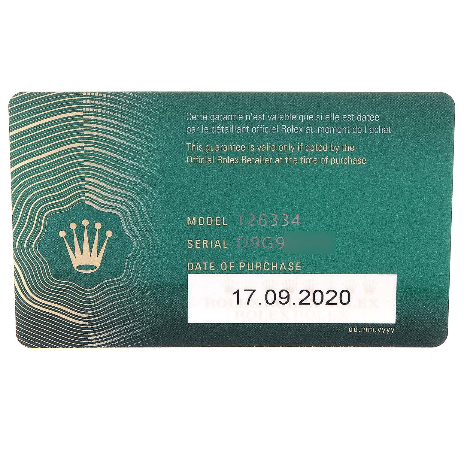 This is a close-up of the warranty card for the Rolex Datejust 41 126334 Men
s Stainless Steel White Dial 126334 Men
s Stainless Steel White Dial model.