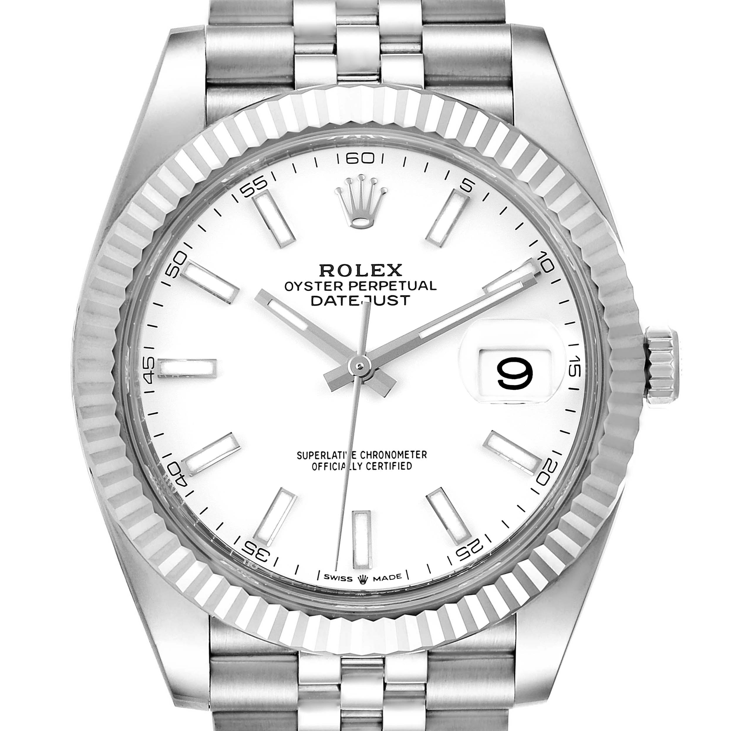 This image shows a front view of the Rolex Datejust 41 126334 Men
s Stainless Steel White Dial 126334 Men
s Stainless Steel White Dial watch, highlighting the dial, hands, date window, and the fluted bezel.