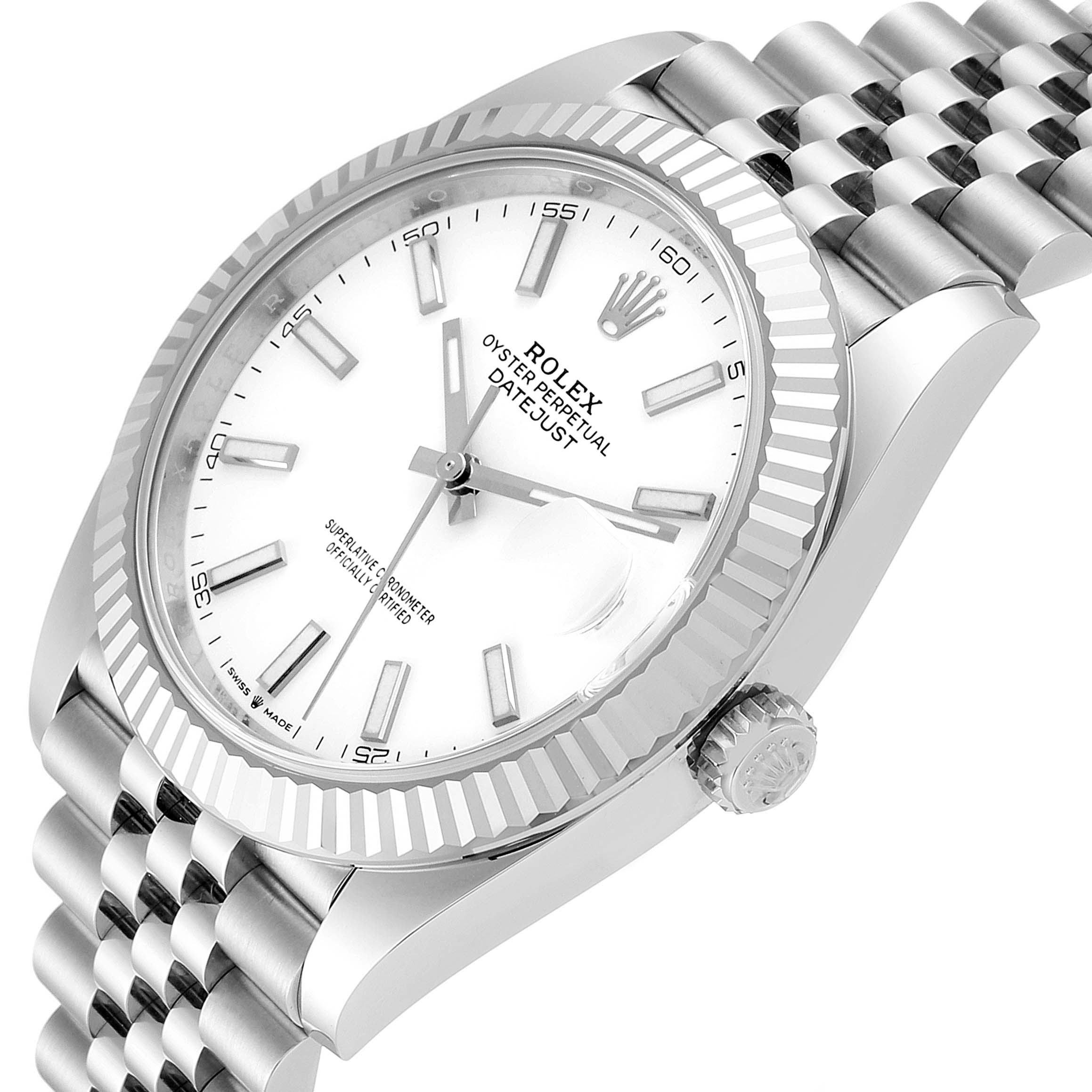 The Rolex Datejust 41 126334 Men
s Stainless Steel White Dial 126334 Men
s Stainless Steel White Dial watch is shown from a front angle, highlighting the face, bezel, crown, and bracelet.