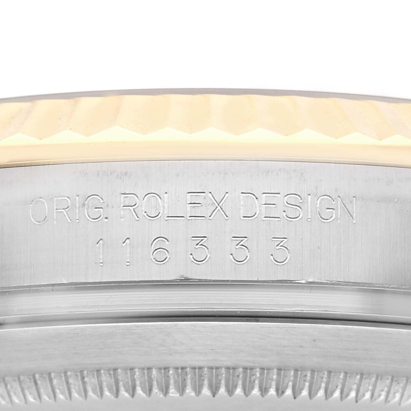The image shows a close-up of the case edge and engraving on the Rolex Datejust 41 116333 Men's Steel and Gold (two tone) Grey Dial 116333 Men's Steel and Gold (two tone) Grey Dial, displaying "ORIG. ROLEX DESIGN" and model number.