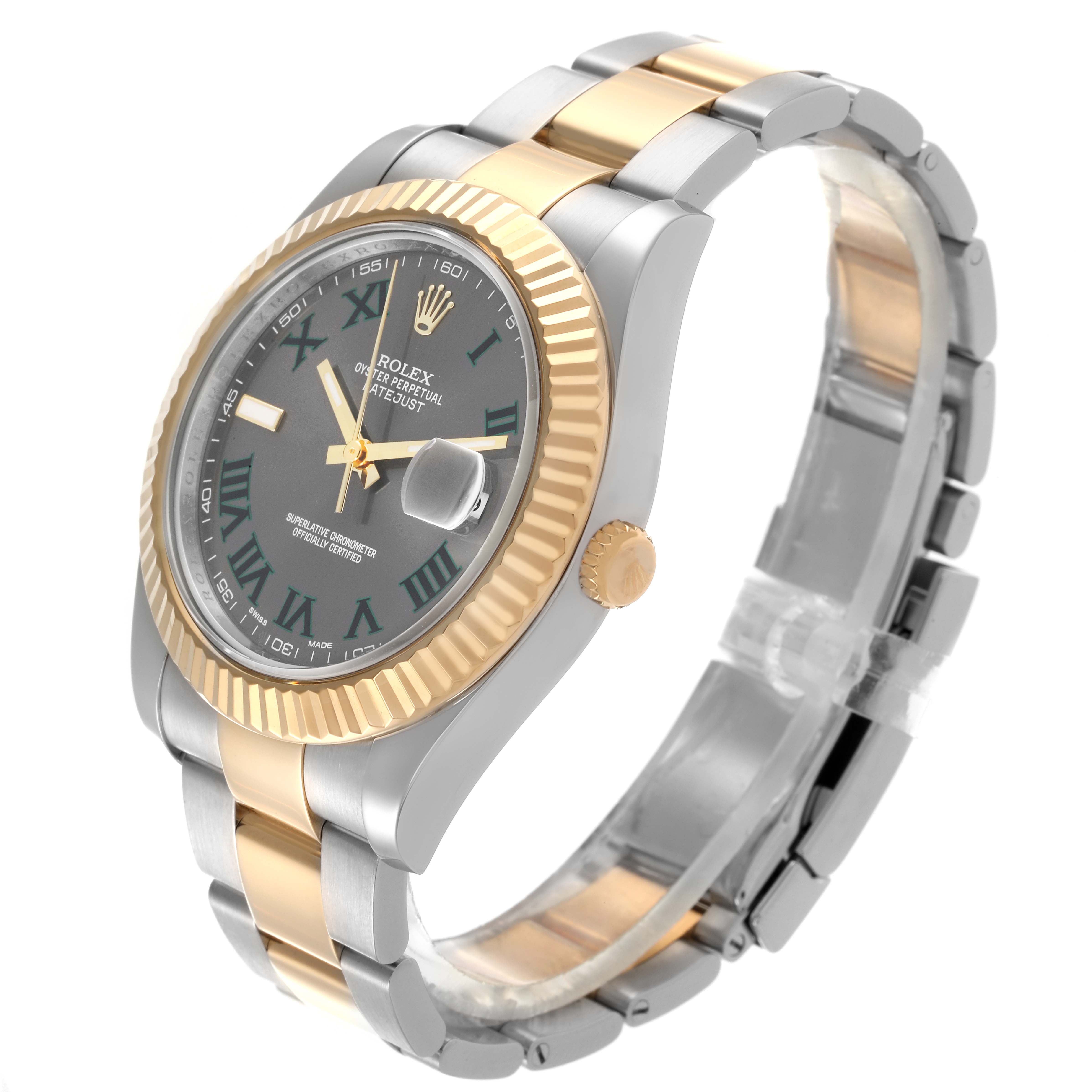 The Rolex Datejust 41 116333 Men's Steel and Gold (two tone) Grey Dial 116333 Men's Steel and Gold (two tone) Grey Dial is shown from a three-quarter angle, highlighting the face, bezel, crown, and bracelet.